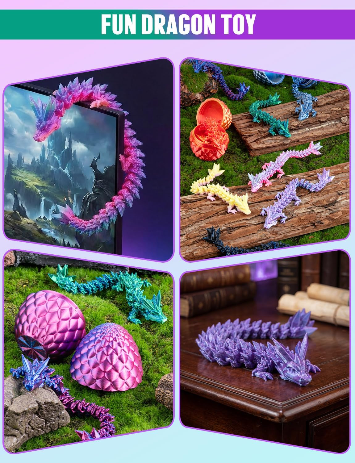 12Pcs 3D Printed Dragon Egg with Dragon Inside - Articulated Crystal Dragon Fidget Toy for Kids & Adults, Mystery Easter Basket Stuffers, Fantasy Desk Decor & Unique Birthday Gifts for Boys Girls