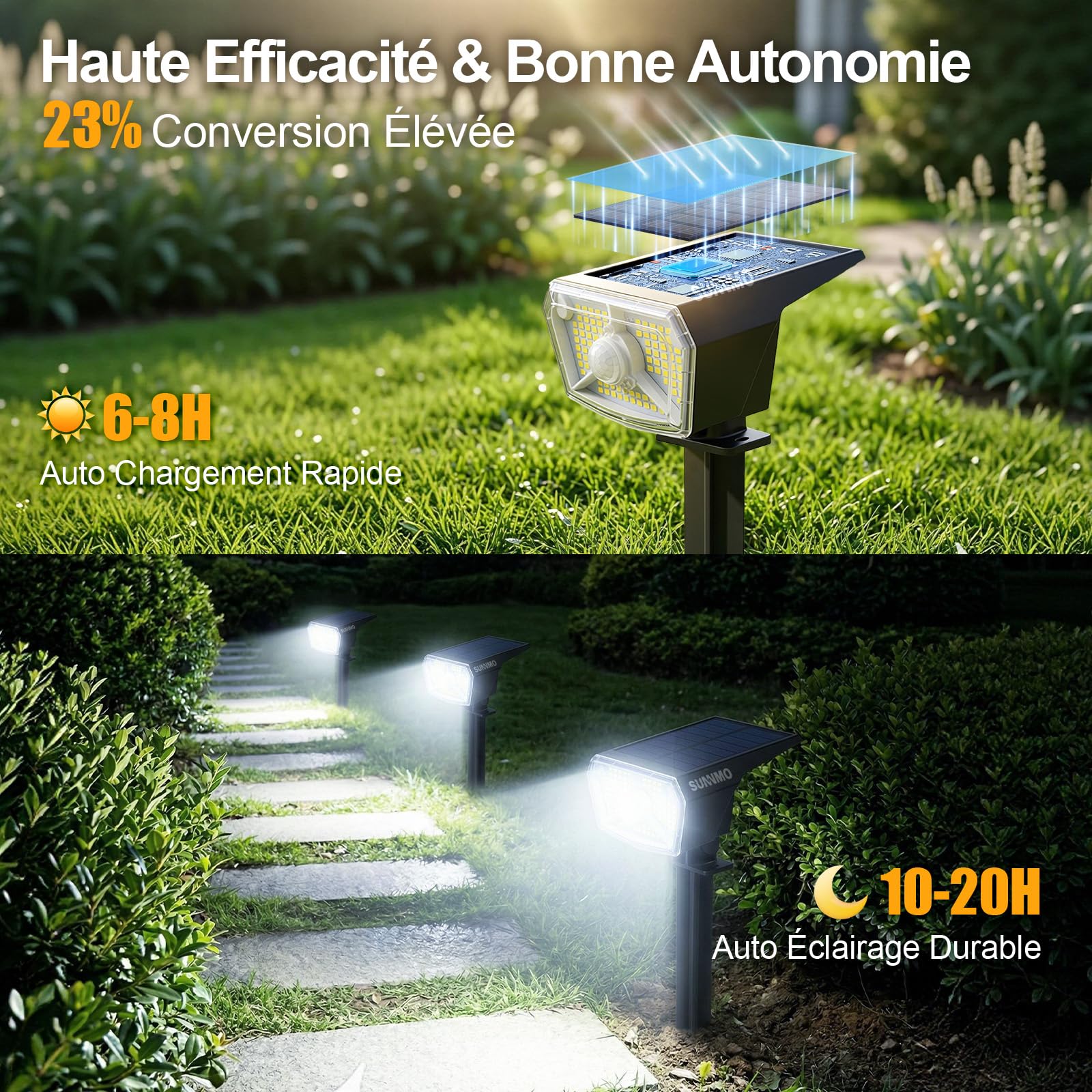 Spot Solaire Exterieur Detecteur de Mouvement 104LED 3 Modes IP65 Blanc Froid Lot de 4