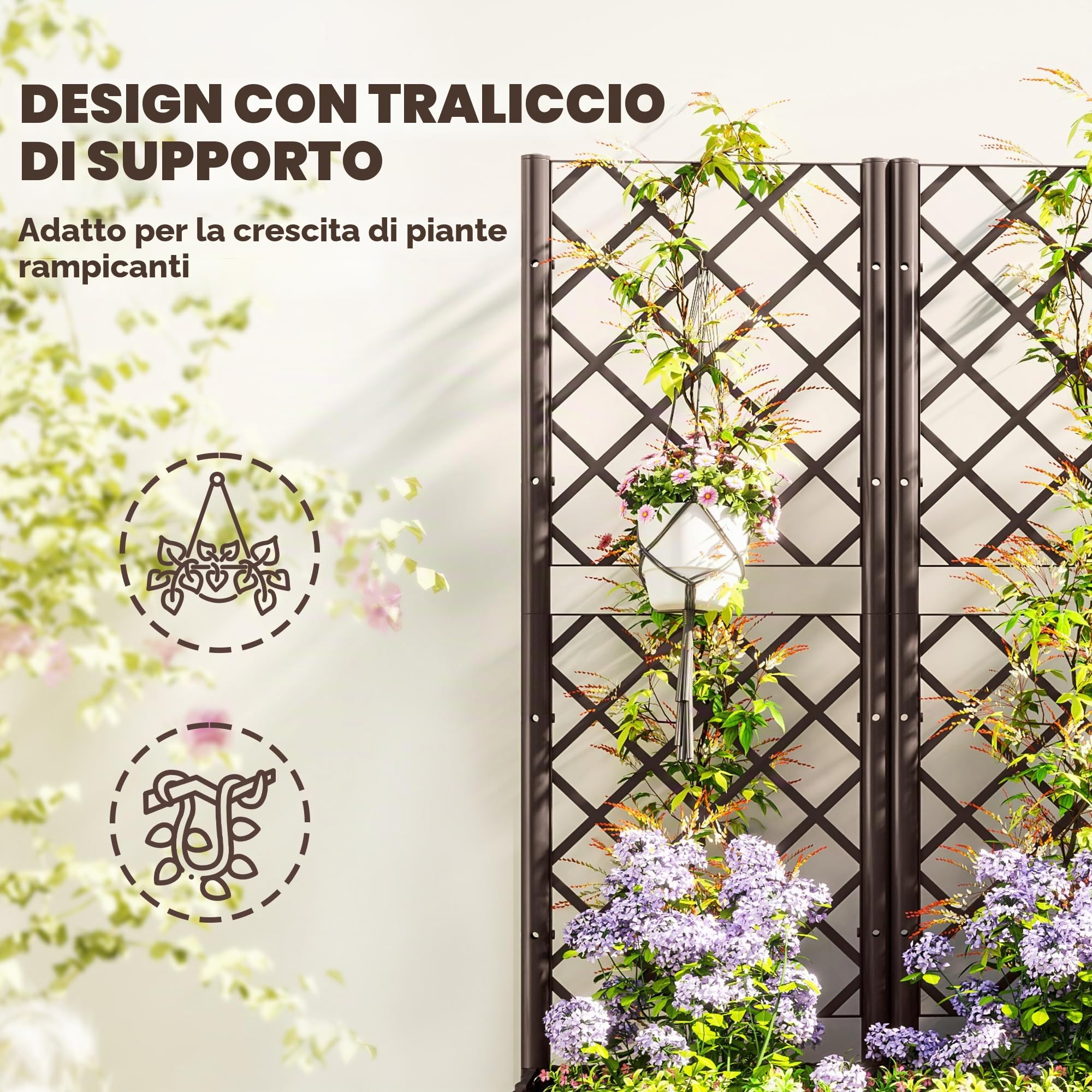 Outsunny Fioriera rialzata con traliccio 120x40x135 cm Marrone | Fioriera da esterno, 6 fori di drenaggio, serbatoi d'acqua, cassetta per fiori per balcone terrazza patio