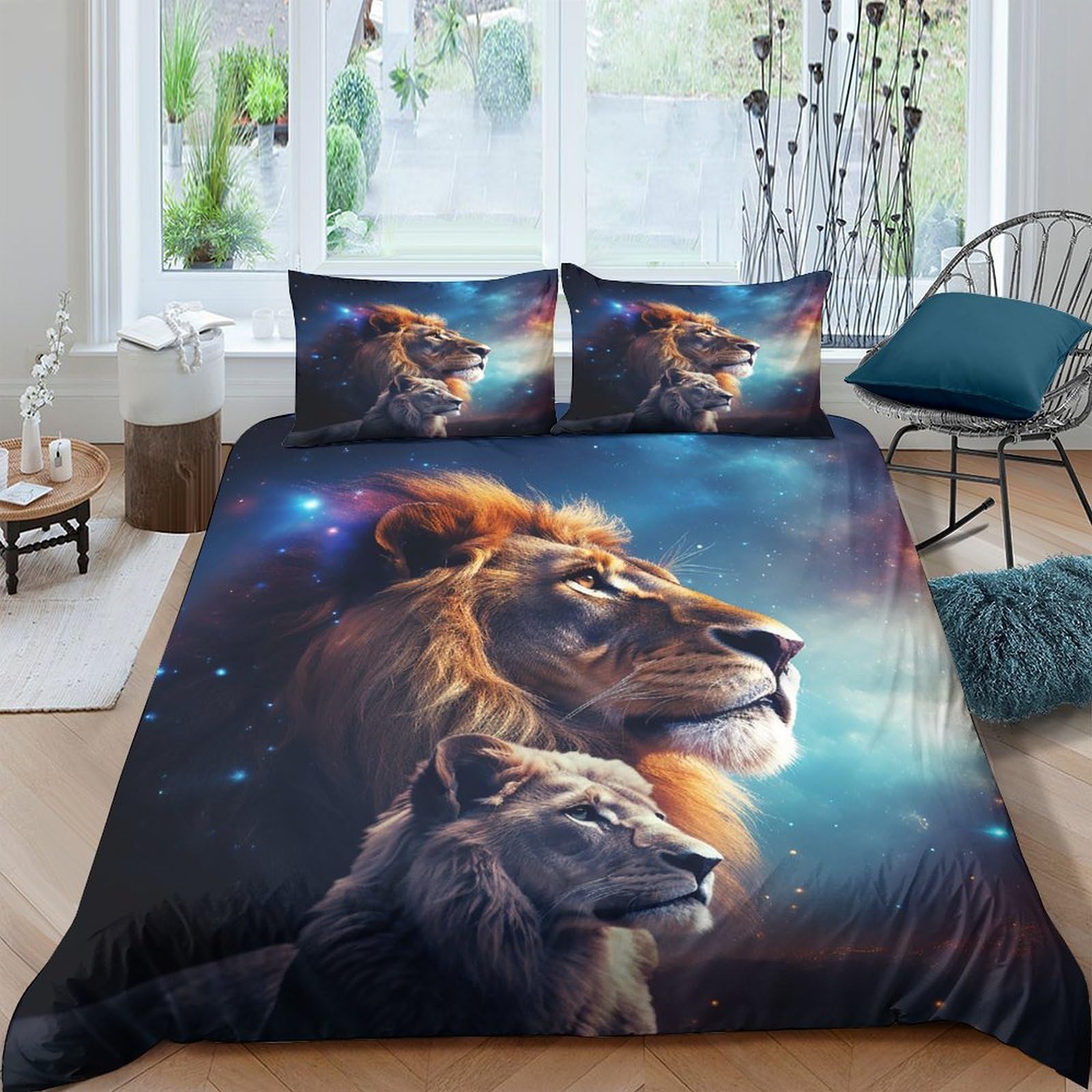 3D Printed Lion Galaxy Duvet Cover Set Microfiber Soft Breathable Wolf Bedding Set with 2 Pillowcases for Bedroom Decor Single（135x200cm）