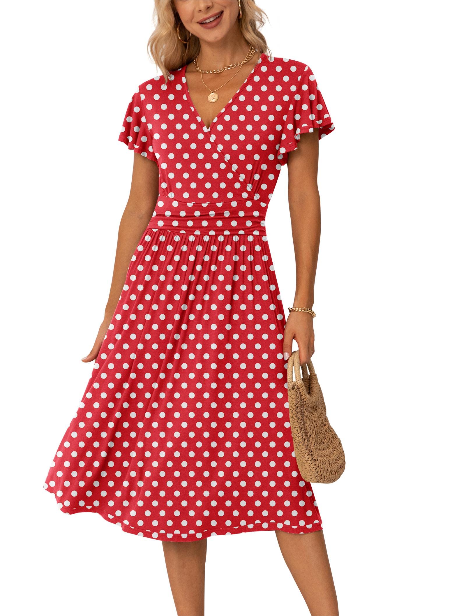 GRECERELLE Spring Summer Dress for Women Casual Ruffle Short Sleeve Wrap V-Neck Dress