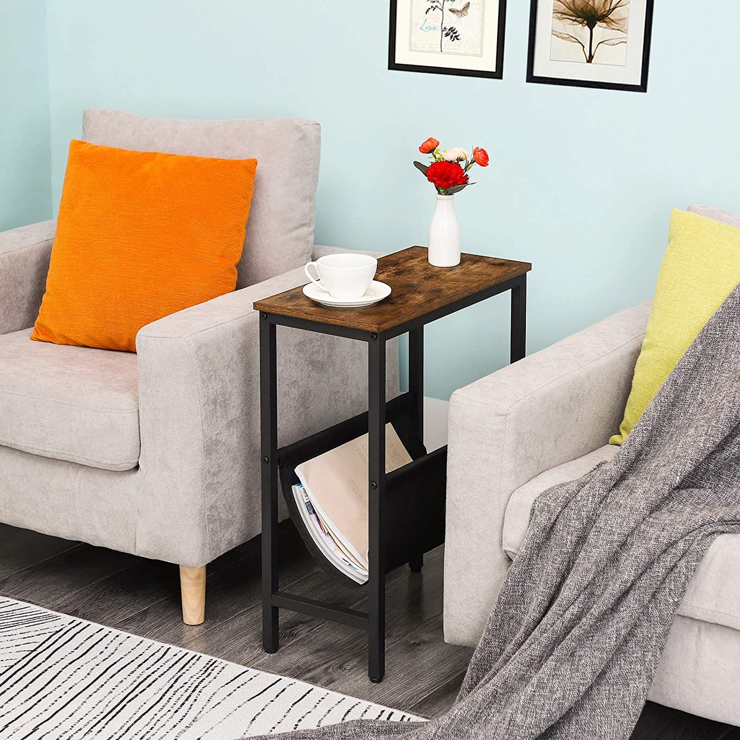 HOOBRO Narrow Side Table, Slim Bedside Table with Magazine Holder Sling, Skinny Sofa End Table