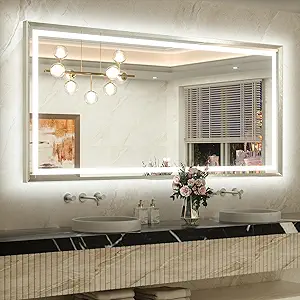 TETOTE 72 x 36 Large Bathroom Mirror Brushed Bright Nickel Metal Frame Frontlit & Backlit Vanity Mirror 3 Colors White/Warm/Natural Stepless Dimmable Anti-Fog Bathroom Mirrors for Vanity Wall-Mounted
