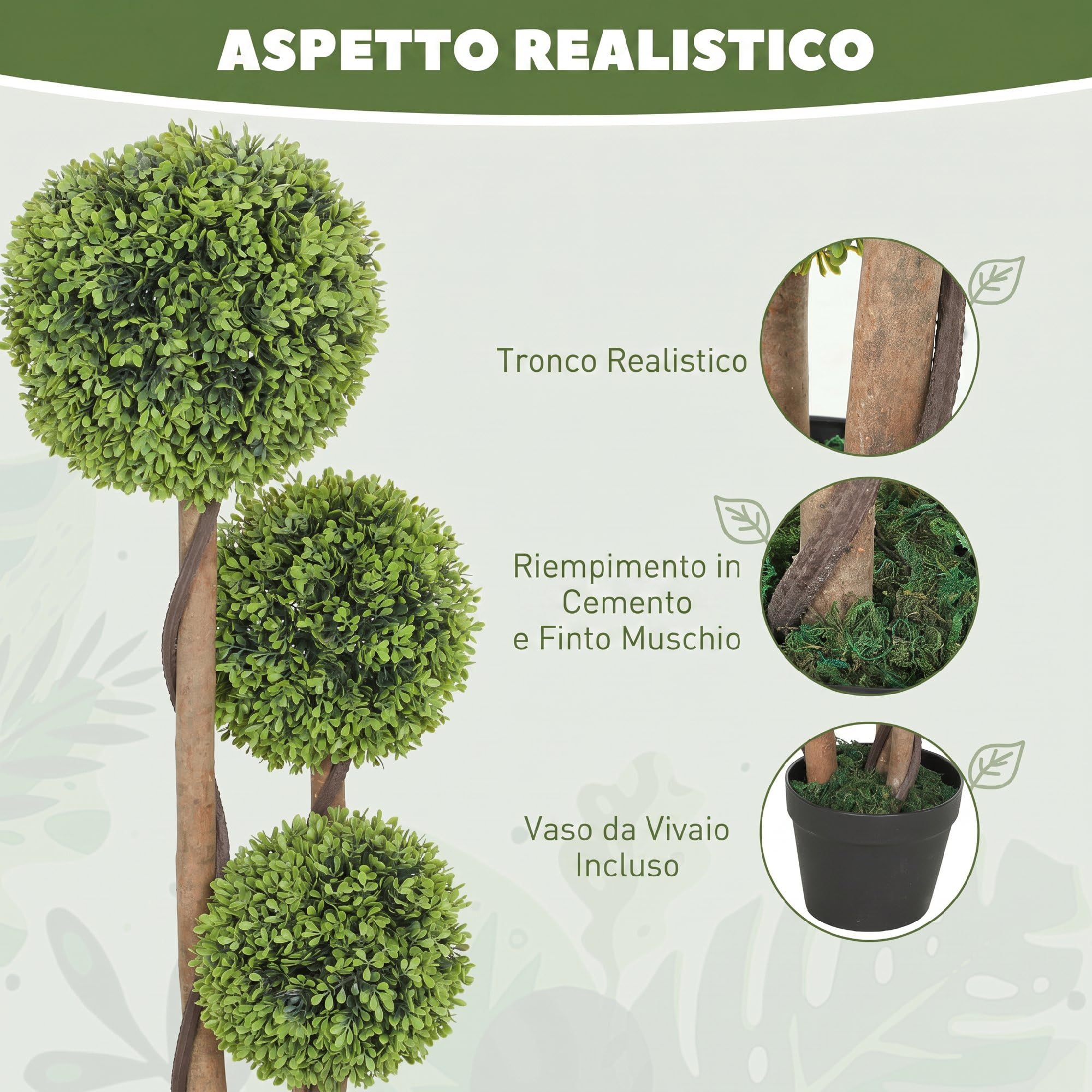 HOMCOM Set di 2 Piante di Bosso Artificiale a 3 Sfere, Piante Finte con Vaso Incluso e Fondo Rinforzato, Altezza 90 cm, per Interno ed Esterno, Giardino, Ufficio, Soggiorno