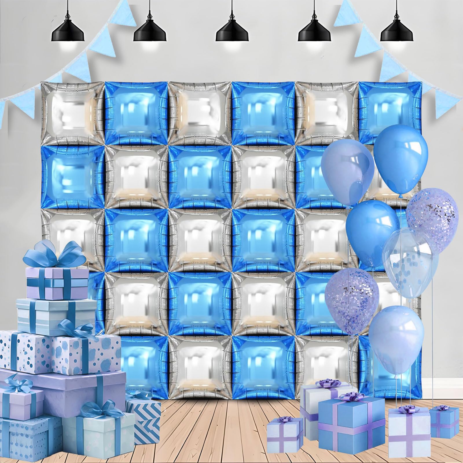 Metallic Blue and Silve Square Foil Balloons Wall - 19 Inches Square Balloons Tunnel Arch Garland Kit for Graduation Decorations Class of 2025,