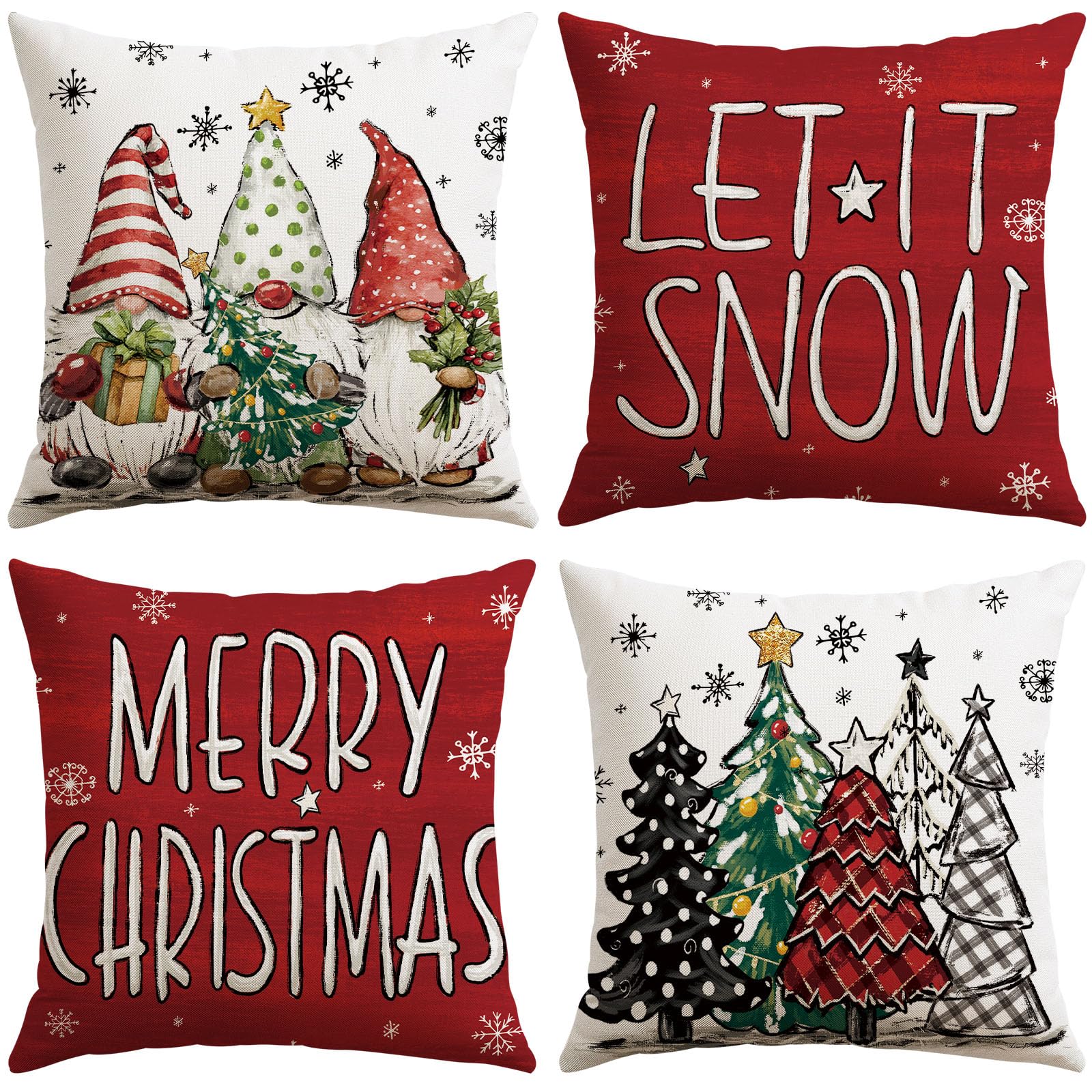Sungeek Christmas Cushion Covers 40x40 cm Set of 4, Xmas Tree Gnome Let it Snow Snowflake Decorative Pillow Covers Winter Holiday Throw Pillow Cases for Sofa Couch Bedroom Living Room, Red