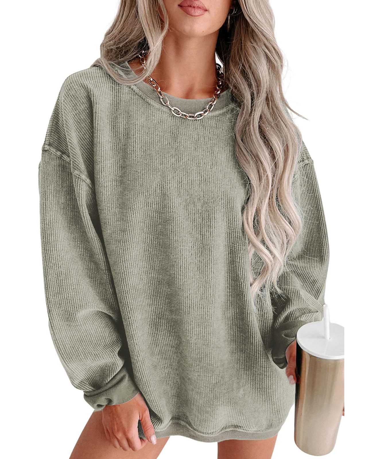 SELINK Womens Crewneck Oversized Corduroy Corded Sweatshirt Long Sleeve Casual Pullover Tops