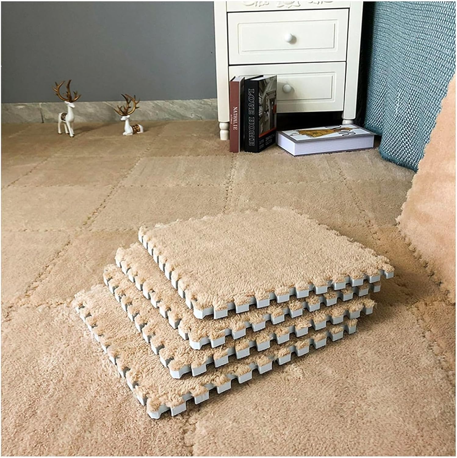 10pcs,12x12inch Soft Plush Puzzle Play Mats,Foam Interlocking Floor Mats,Plush Area Rug Fluffy Carpet Tiles,Foam Flooring(Light Brown)