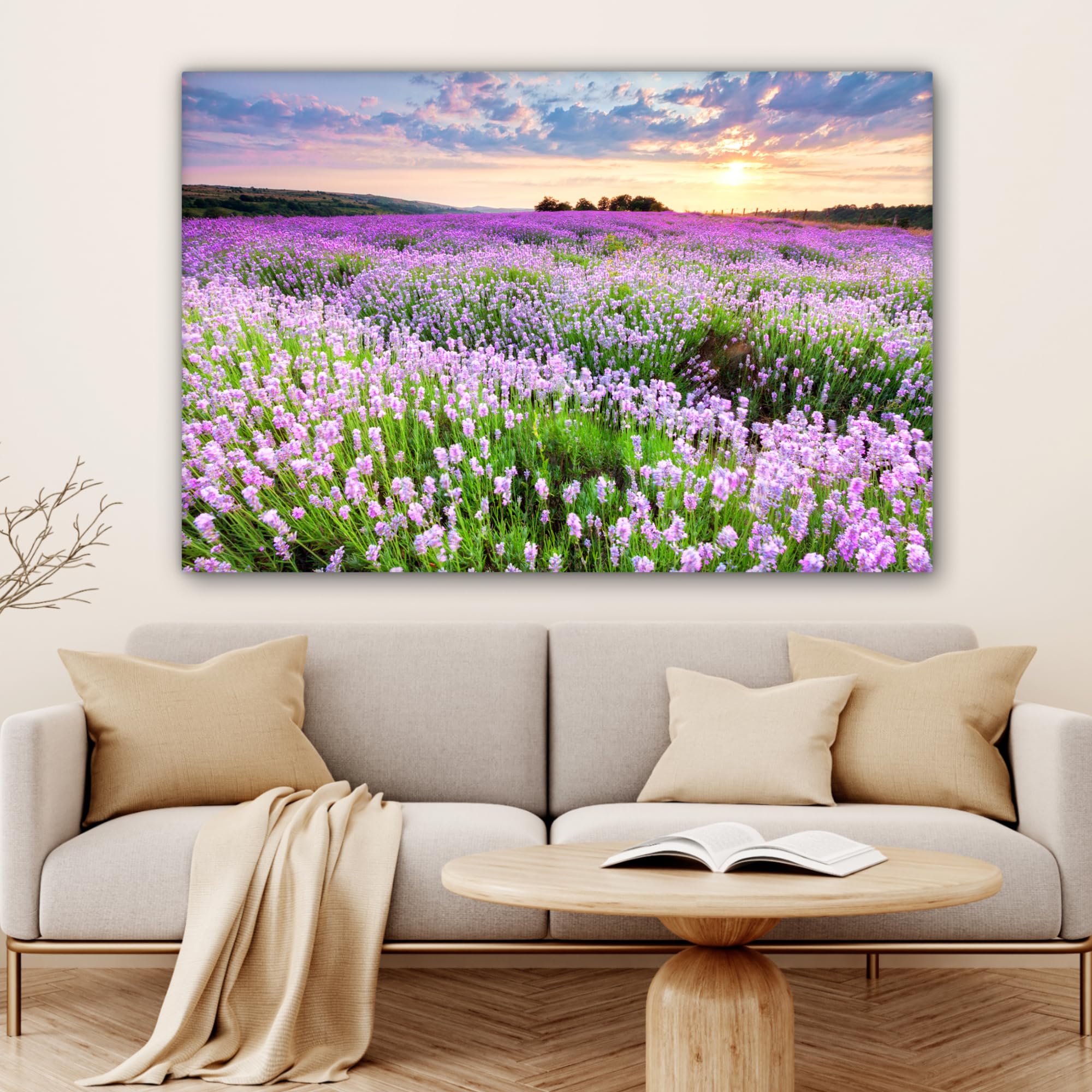 MuchoWow© Quadro su Tela 120x80 cm Stampe da Parete Quadri Cucina Camera da Letto Dipinto Arredamento Casa Fiori - Lavanda - Viola - Cielo - Tramonto - Prato - Natura