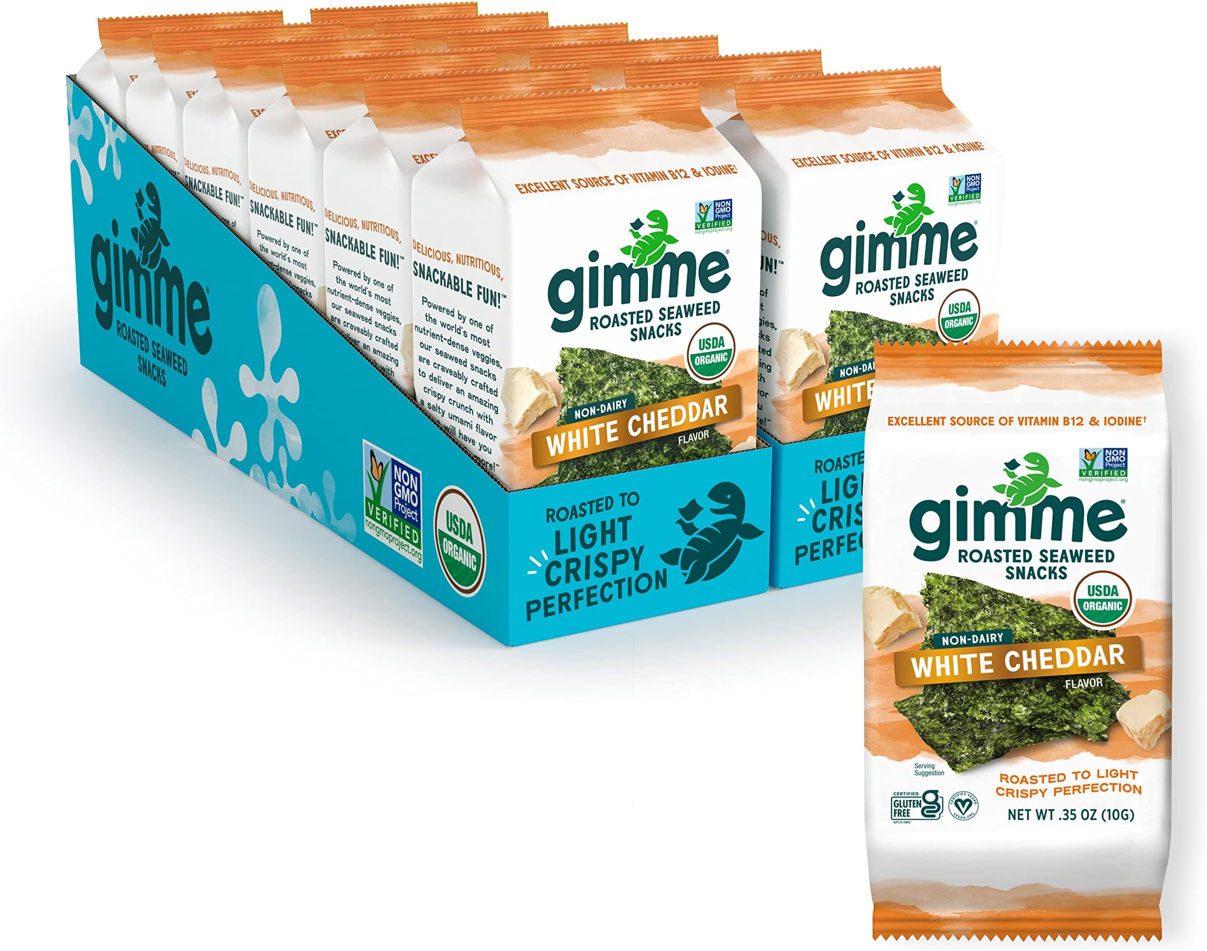Gimme Seaweed - White Cheddar - 12 Count Sharing Size - Organic Roasted Seaweed Sheets - Keto, Vegan, Gluten Free - Great Source of Iodine & Omega 3’s - Healthy On-The-Go Snack for Kids & Adults
