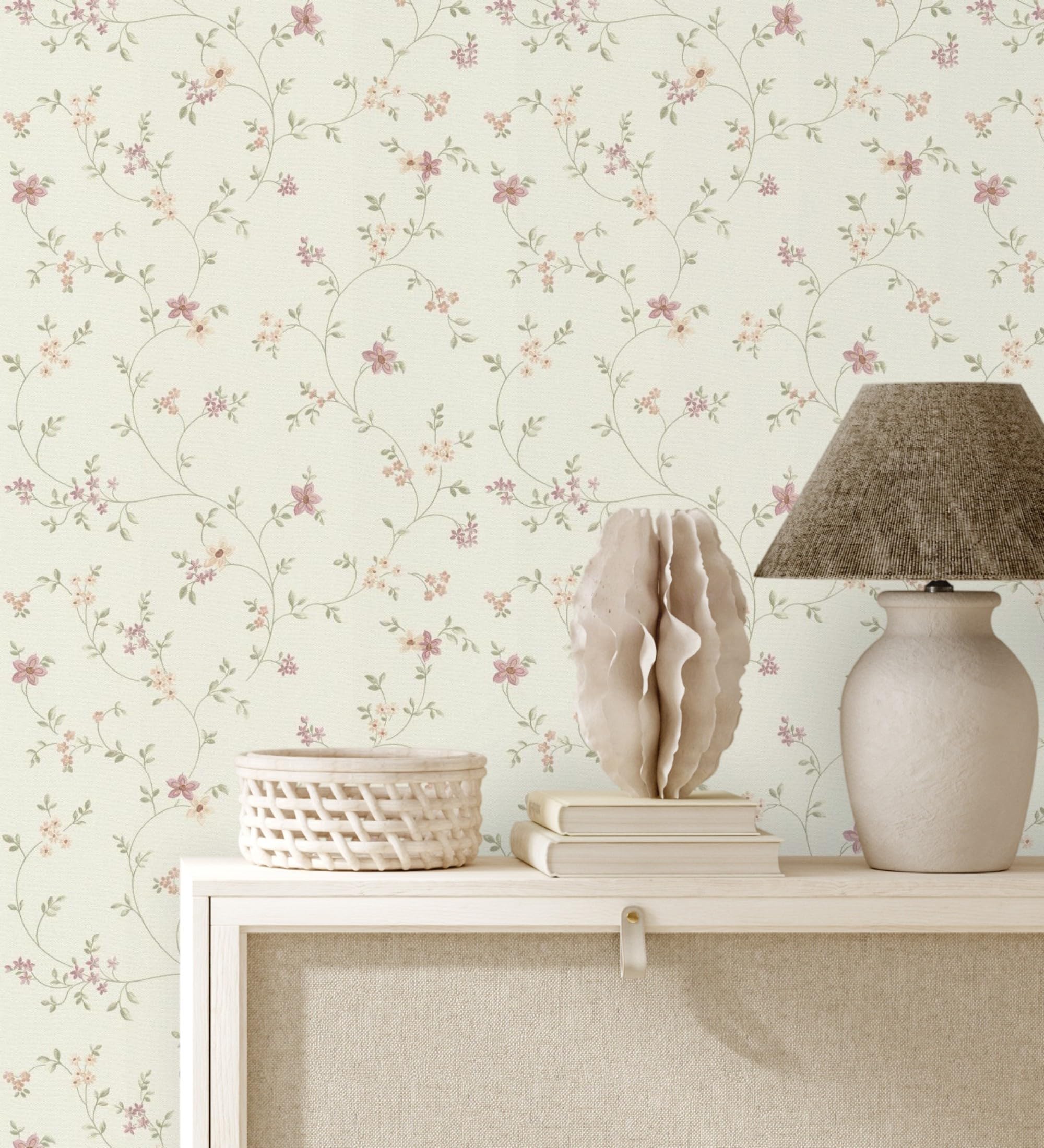 GAULAN 683341 - Vlies-Vinyltapete, Strapazierfähig, Abwaschbar. Tapete mit kleinen Blumen in Malve- und Beigetönen mit Textilstruktur für Wohnzimmer Küche - Rolle 10 m x 0,53 m