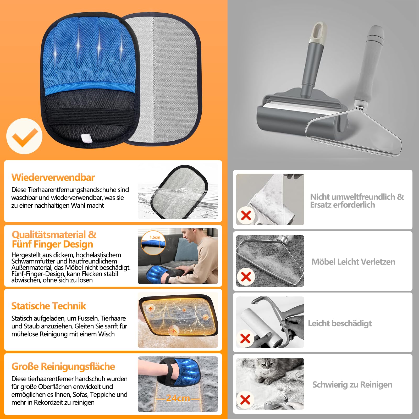 TOOHAO Guanto Peli Gatto Cane, Guanti Statici per Peli Animali, Pet Hair Remover Gloves per la Pulizia dei Vestiti Tappeti Divani Sedili Auto, Riutilizzabile e Lavabile (Blu)