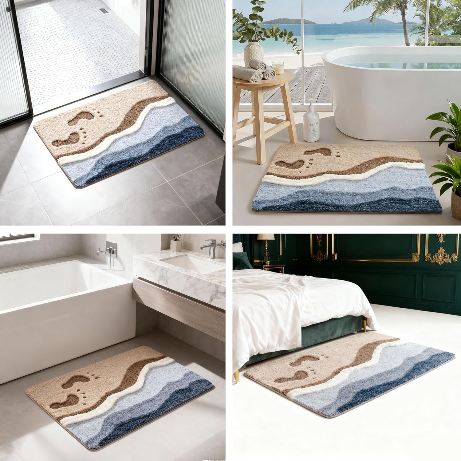 Beach Ocean Plush Bath Mat, Wave Sand & Footprint Rug with Non-Slip Backing, Soft Absorbent Polyester Floor Mat for Bathroom, Machine Washable Bath Mats 20 x 41 Inches