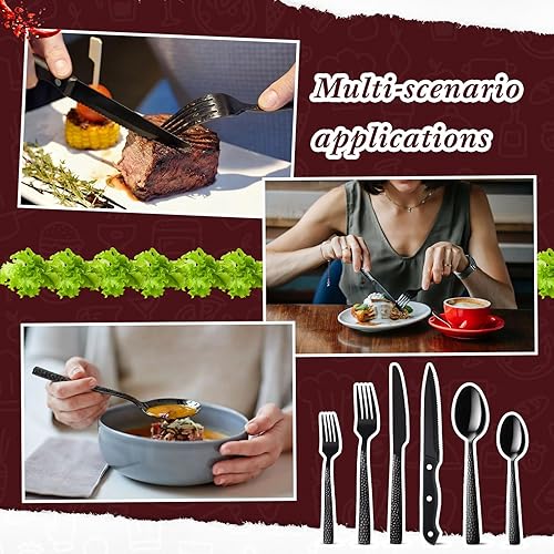 Miniatura 3 de 48 Pcs Black Hammered Silverware Set with Steak Knives Stainless Steel Flatware Set for 8 Vintage Metal Tableware Serving Utensils Mirror Polished