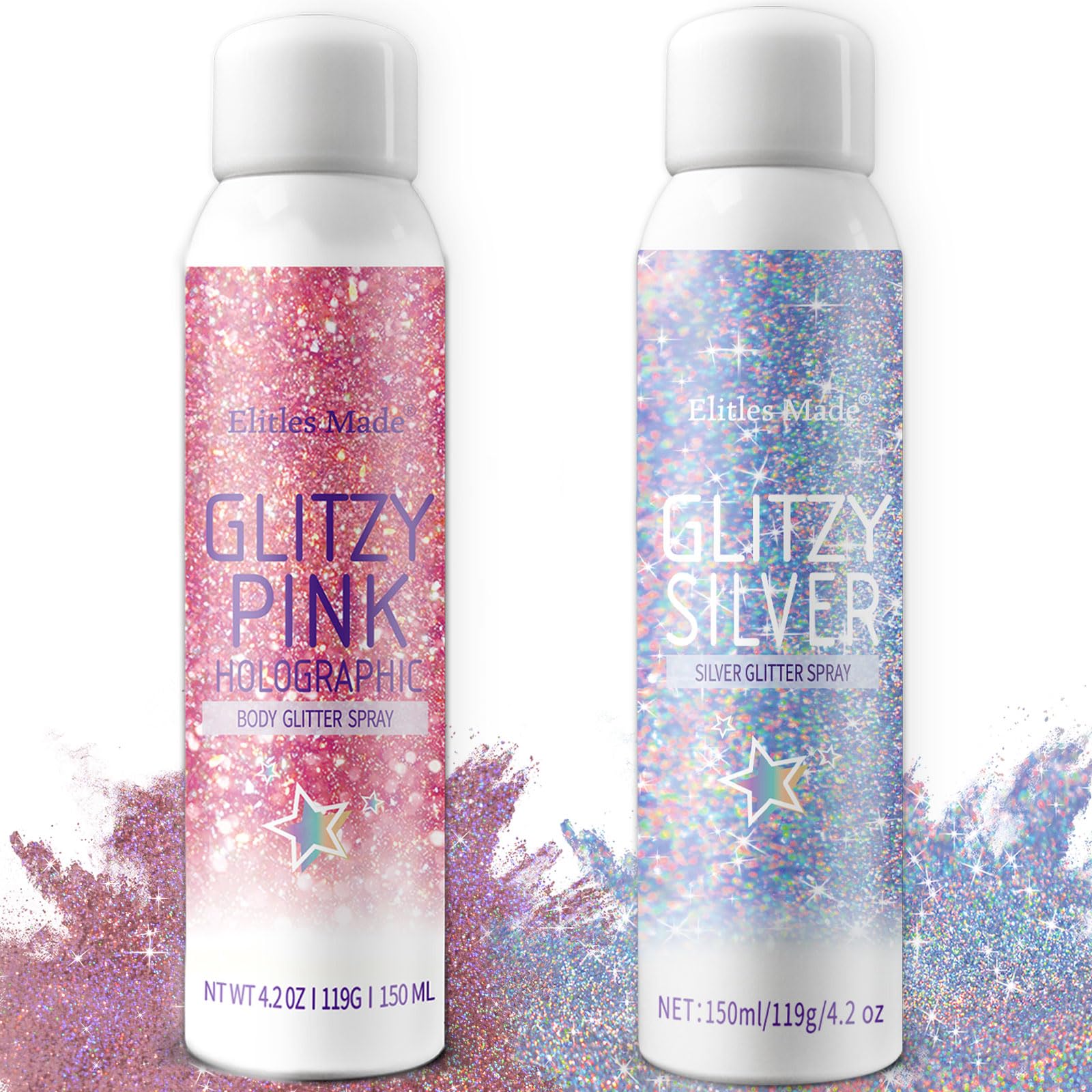 Elitles Made Hair Glitter, 2PCS Body Glitter Spray Glitter Hairspray for Kids Women, Long-Lasting Quick-Drying Holographic Glitter Spray for Hair and 8.4 Fl OZ (Holo Silver+ Holo Pink)
