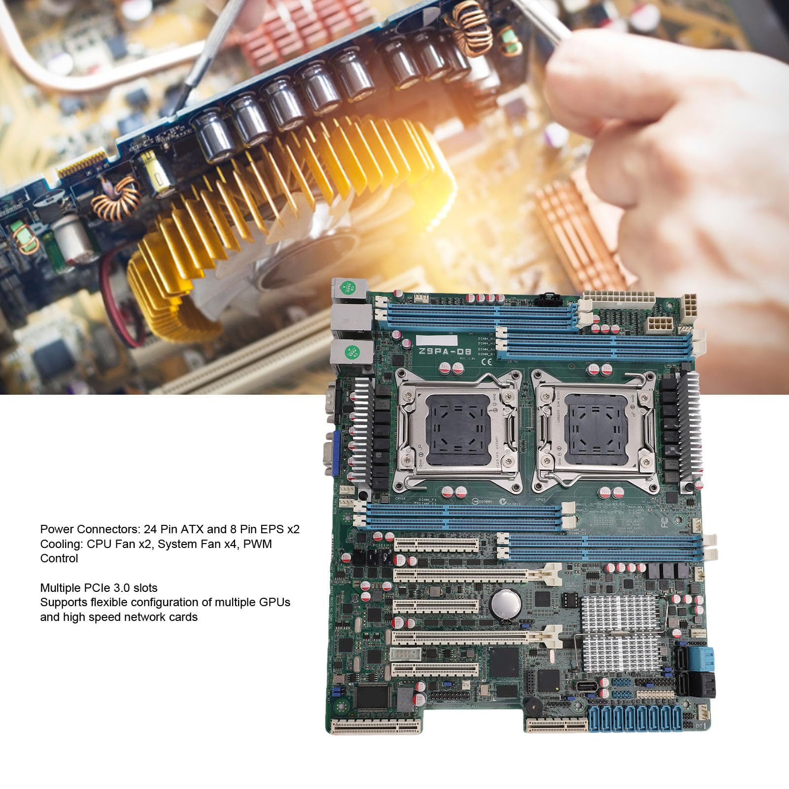 Placa Base para Estación de Trabajo, Placa Base ATX de Doble Zócalo LGA 2011 Compatible con CPU E5-2600 V1/V2, 8 Ranuras DDR3 de hasta 256 GB, 7 Ranuras PCIe para Entrenamiento
