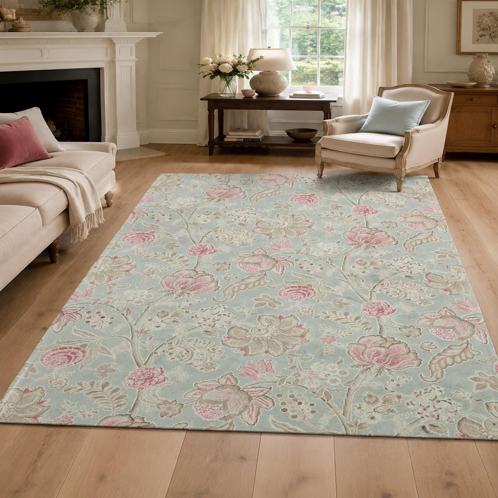 Tapis de salon bleu floral vintage 90x150 cm lavable à poils ras pour chambre