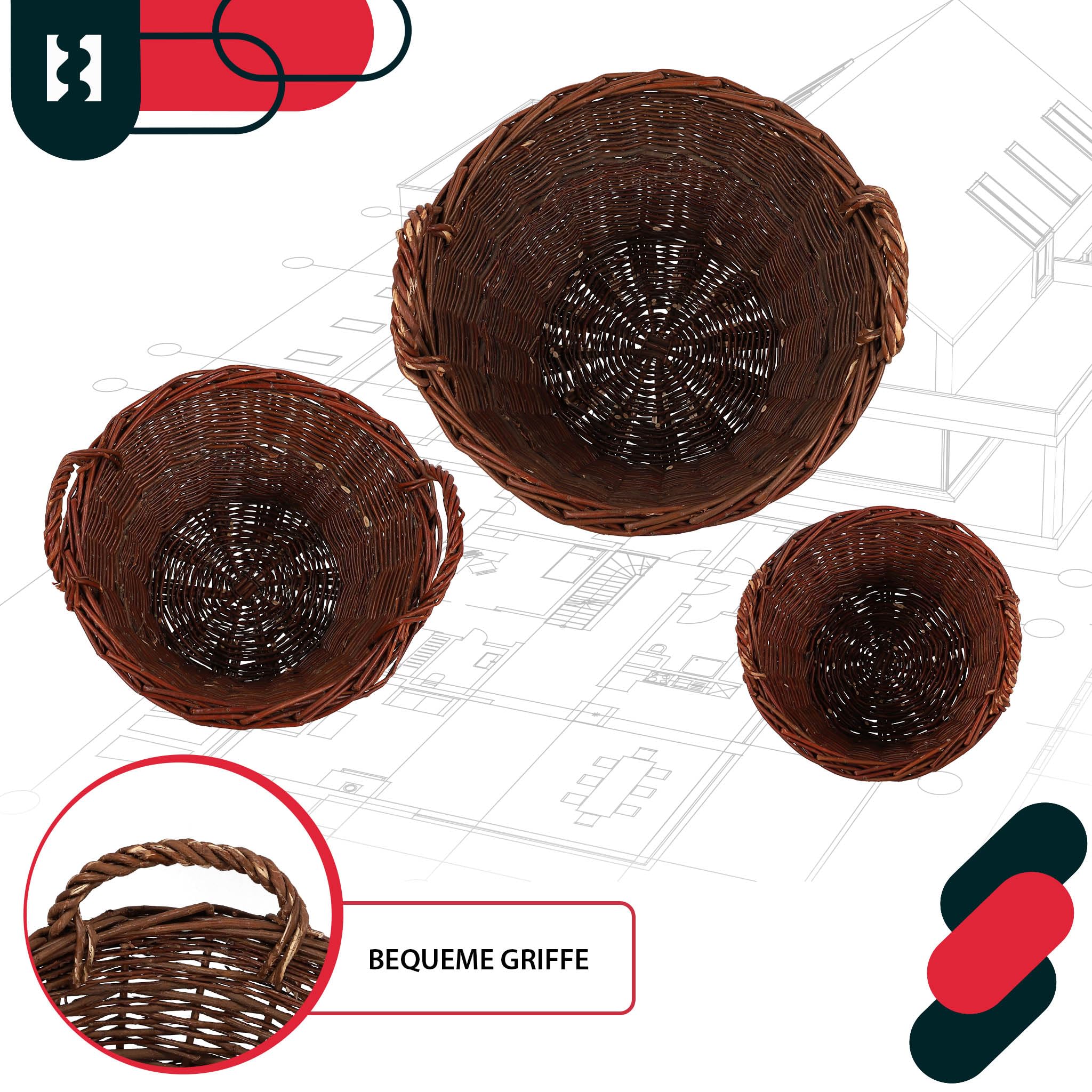 KOTARBAU® 3er Set Weidenkorb mit Griffen - ø 30 cm/ø 40 cm/ø 50 cm - Blumen Korb - Aufbewahrung von Spielzeug - Holzkorb für Kaminholz - Erntekorb aus Weide - Aufbewahrungskörbe - Braun