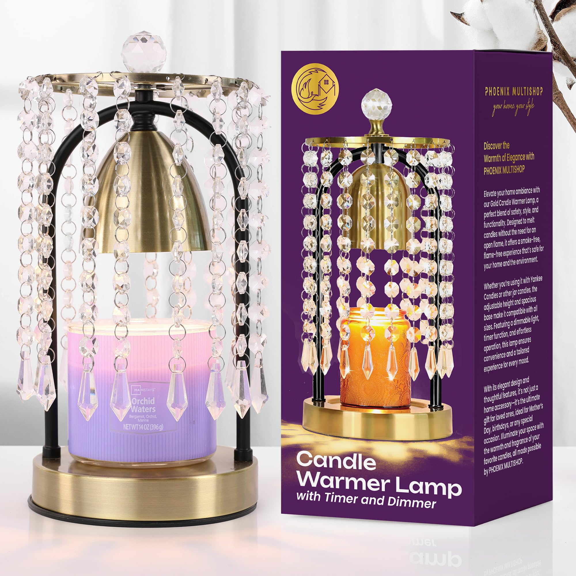 Candle Warmer lamp with Glass - Wax melt Warmer Electric with Timer and Light dimmer, Gifts for mom Christmas Women, Home Bedroom Decor, jar Candle Warmer lamp for Scented Candles with 2 Bulbs.(Gold)