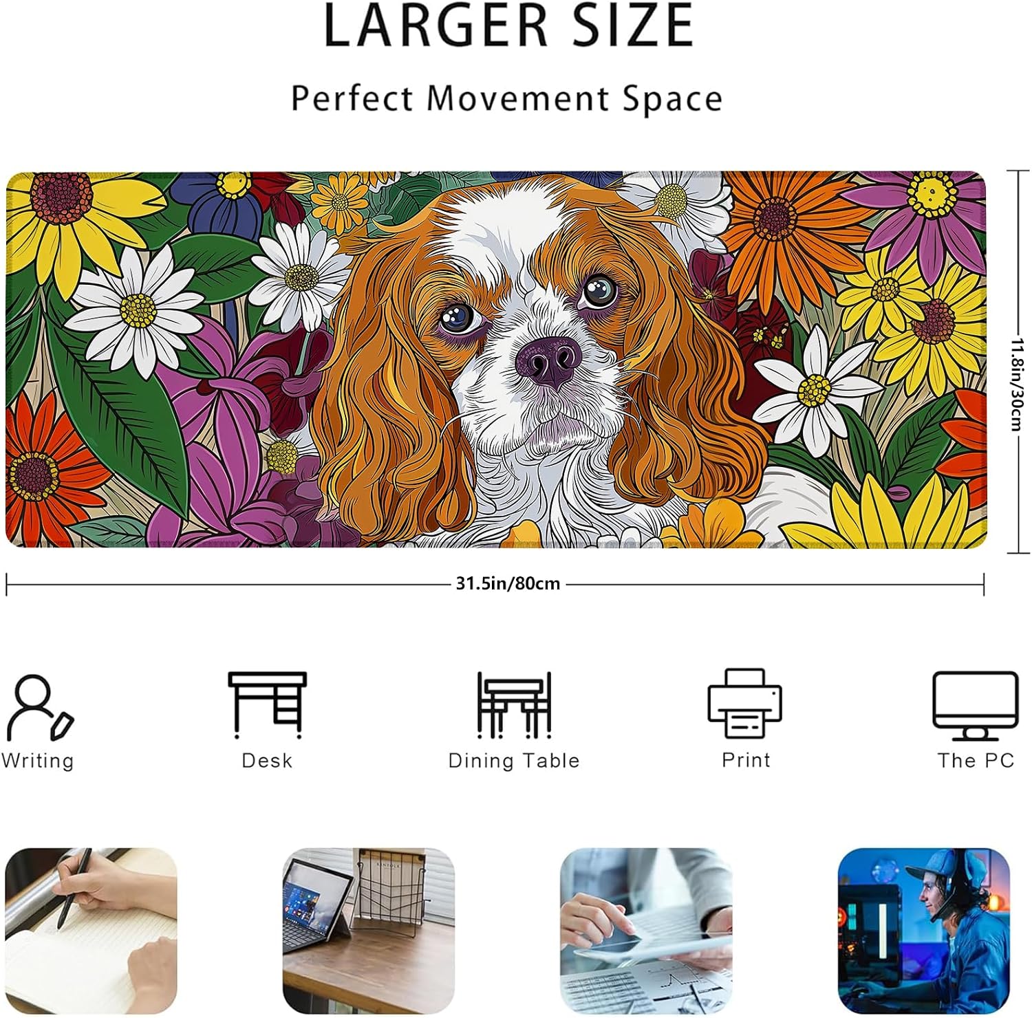 Cavalier King Charles Spaniel Gaming Mouse Pad Gifts 31.5" x 11.8", Non-Slip Rubber Base MousePads for Computers Laptop School Office Home Accessories Decor, Mouse Pad, Keyboard Desk Mat image 3