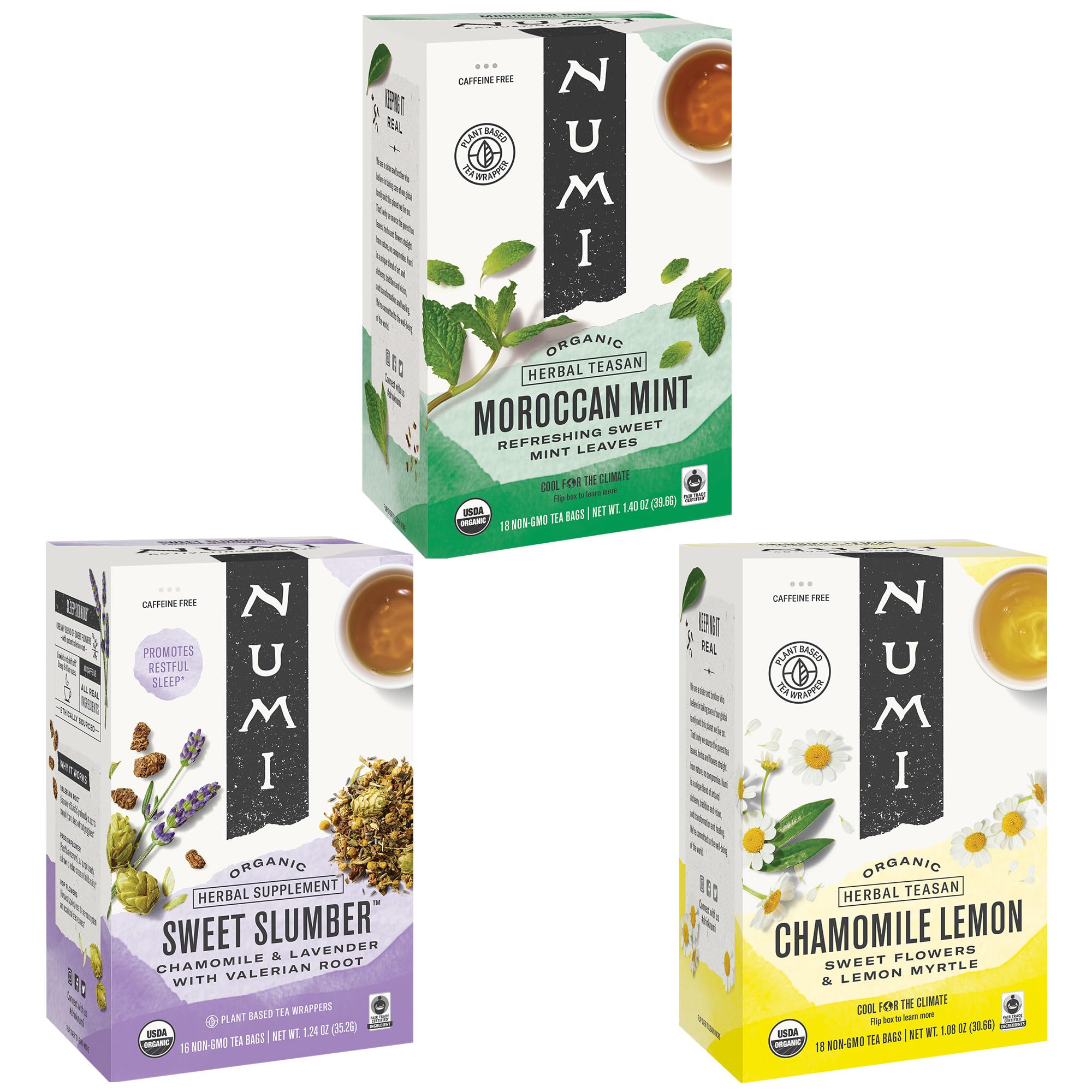 Numi Organic Herbal Tea Variety, 52 Tea Bags Total, Moroccan Mint, Sweet Slumber, Chamomile Lemon (Packaging May Vary)