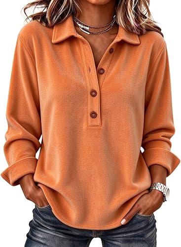 Polo Shirts for Women Business Casual Henley Long Sleeve Fleece Shirts | Button Down, Fall Cute Tops, Loose Fit, Dressy Casual, Office Tops, Blouses, Winter Cozy, Pullover Sweaters, Fashion Clothing