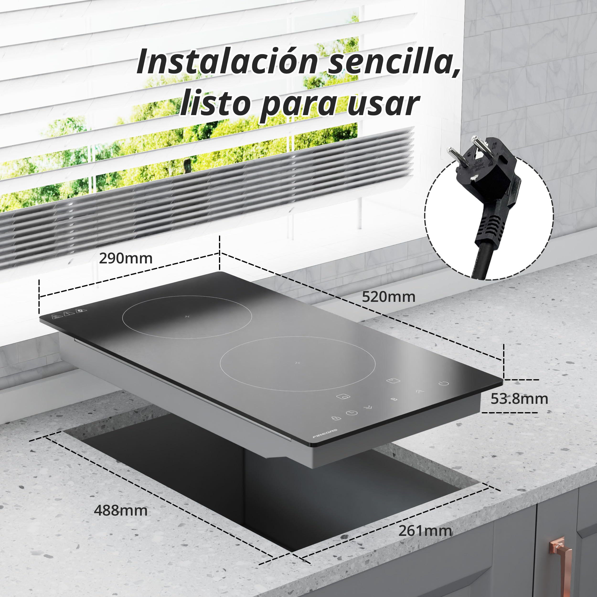 FIREGAS Placa de Inducción 2 Fuegos 3700W, Placa de Cocina de Inducción Encastrable, Control Táctil, Función Boost, Temporizador y Seguridad Infantil