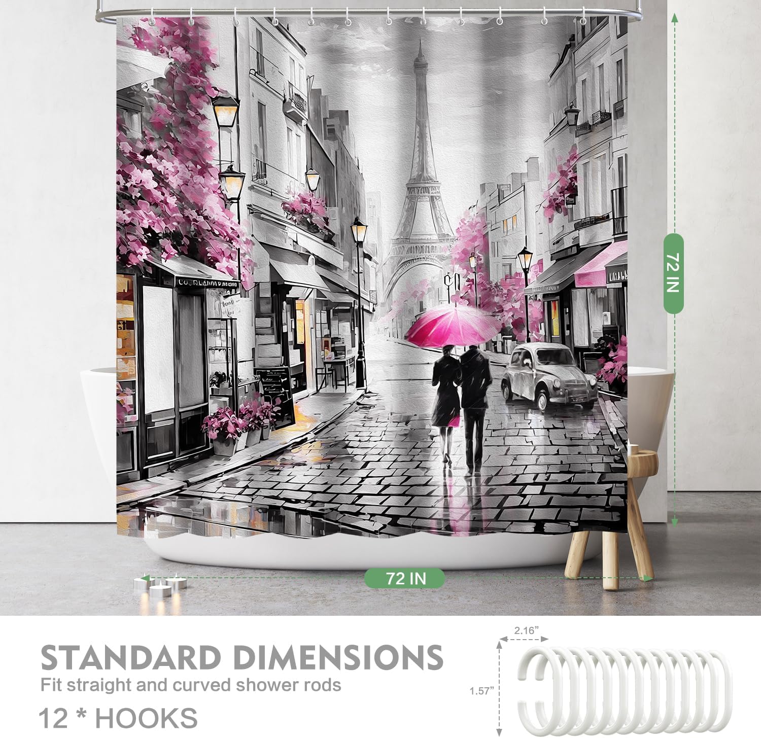 Lokigo Paris Eiffel Tower Shower Curtain 72Wx72H Inch Modern Lovers Walk On Rainy France Street Pink Oil Painting Shower Curtains Romantic Vintage Gray Waterproof Fabric Shower Curtain with Hooks