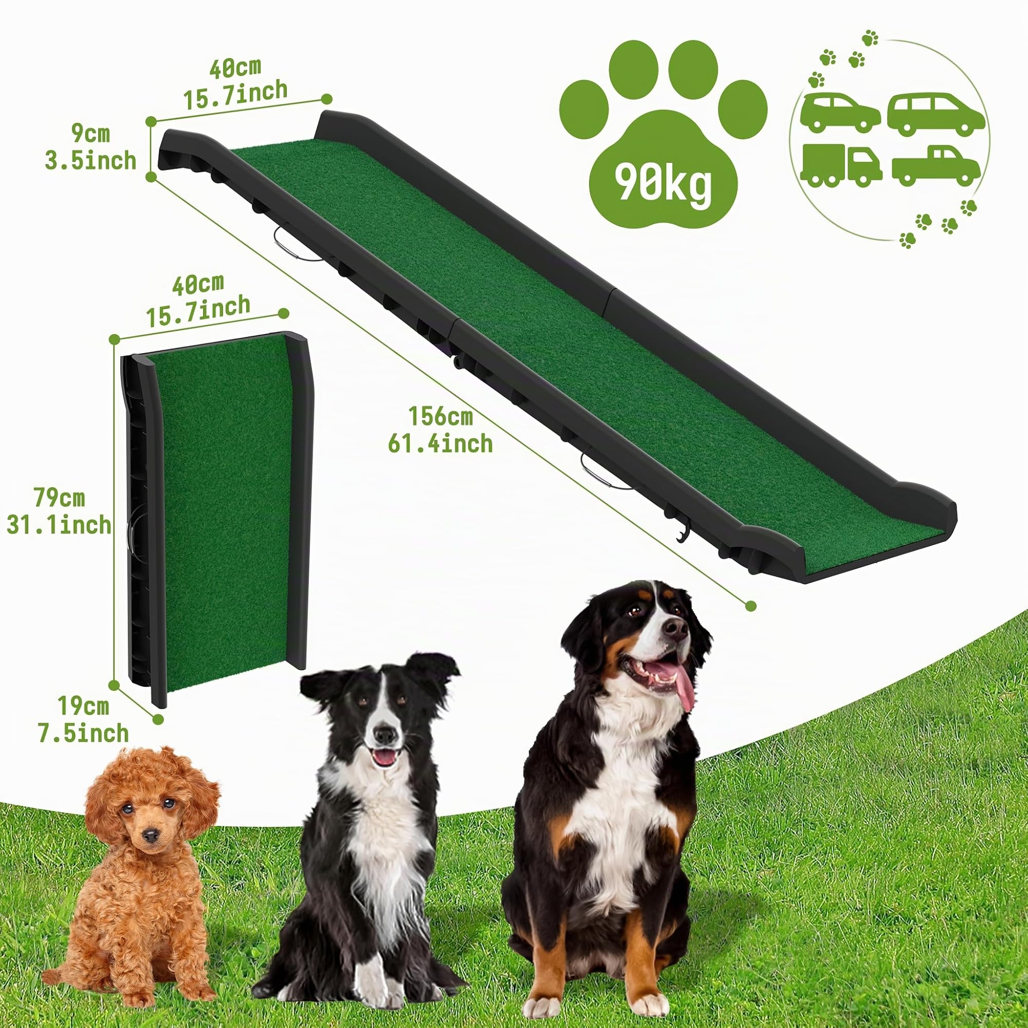 UISEBRT Rampa para perros con césped artificial, plegable para coche, escaleras para perros, rampa para maletero para mascotas, antideslizante, resistente, hasta 90 kg, 156 x 40 cm, verde