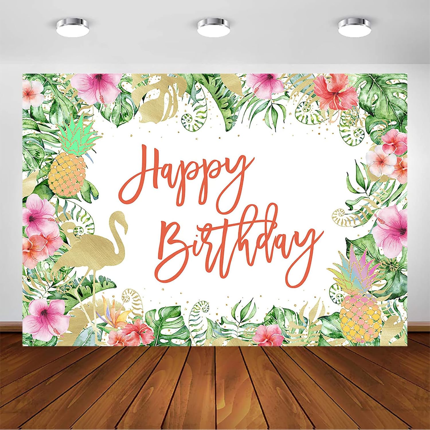 Avezano Summer Party Backdrop Beach Hawaiian Theme Girl's Birthday Party Decorations Tropical Flamingo Birthday Banner Golden Floral Palm Leaves Luau Photography Background (7x5ft)