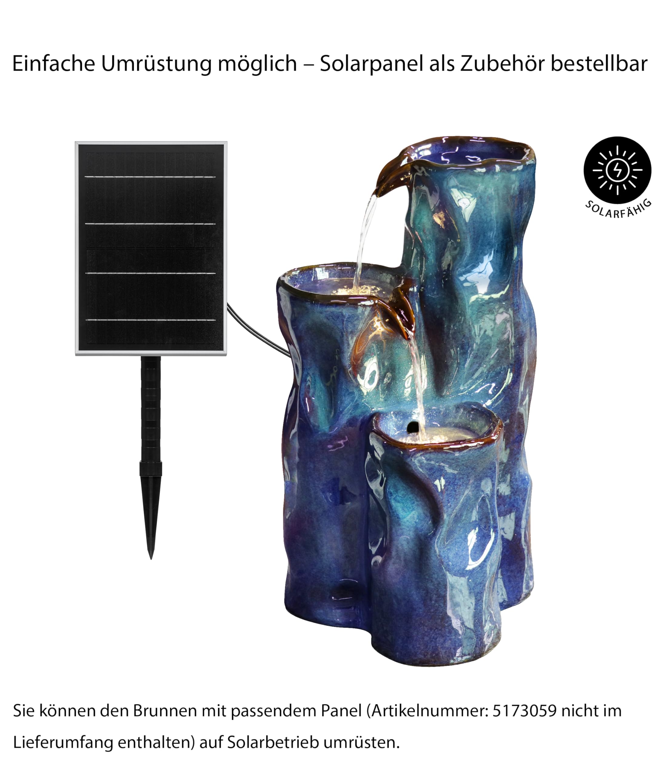 Dehner Gartenbrunnen Corso, mit LED Beleuchtung, frostbeständig, solarfähiger Brunnen für Außen, 38 x 34 x 64.5 cm, Keramik, blau