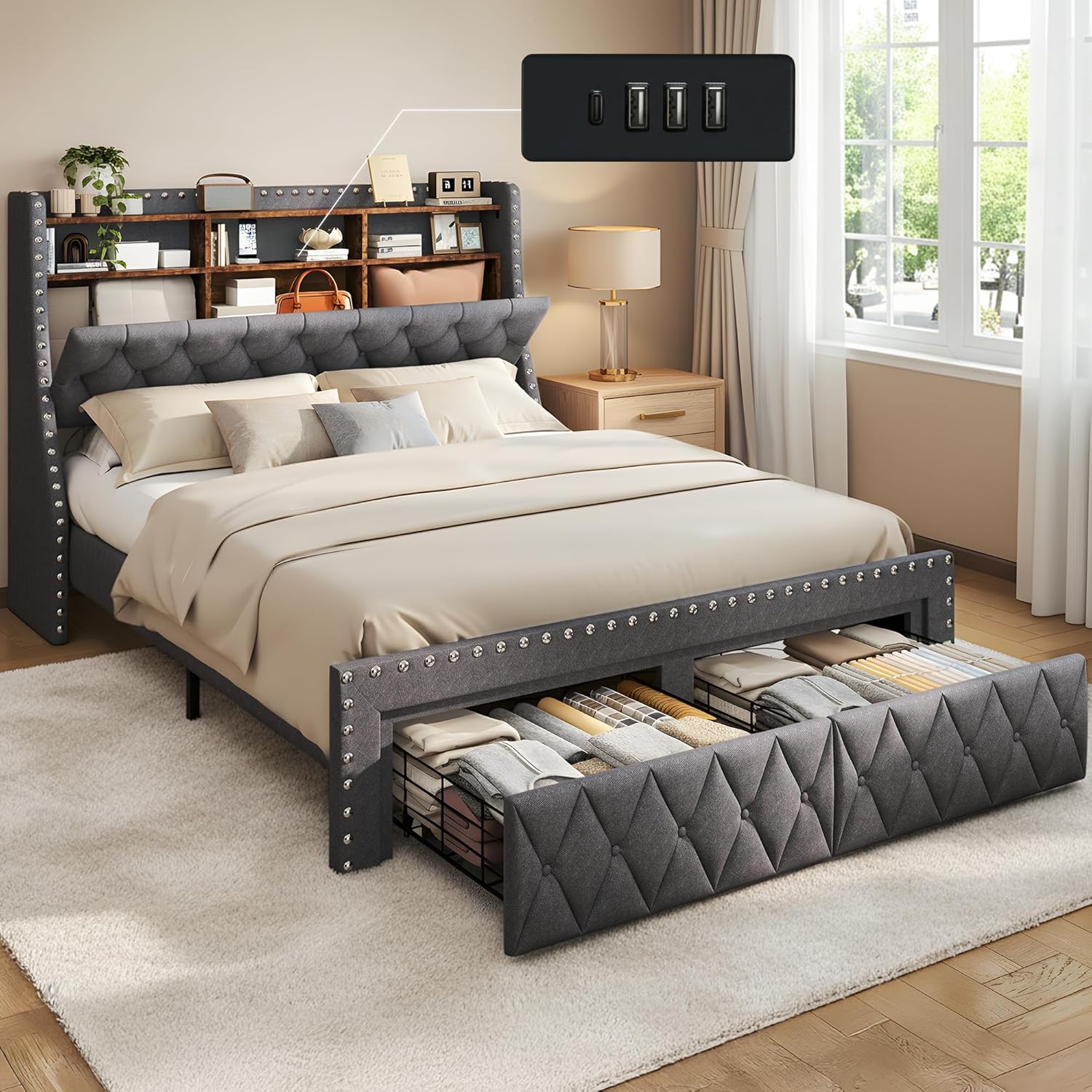 TATAGO 1000lbs Queen Size Bed Frame with Storage Headboard, Wood 3-Tier Tall Storage Headboard Wingback, Upholstered Modern Platform Bed with Drawers, Charging Station, No Box Spring Needed