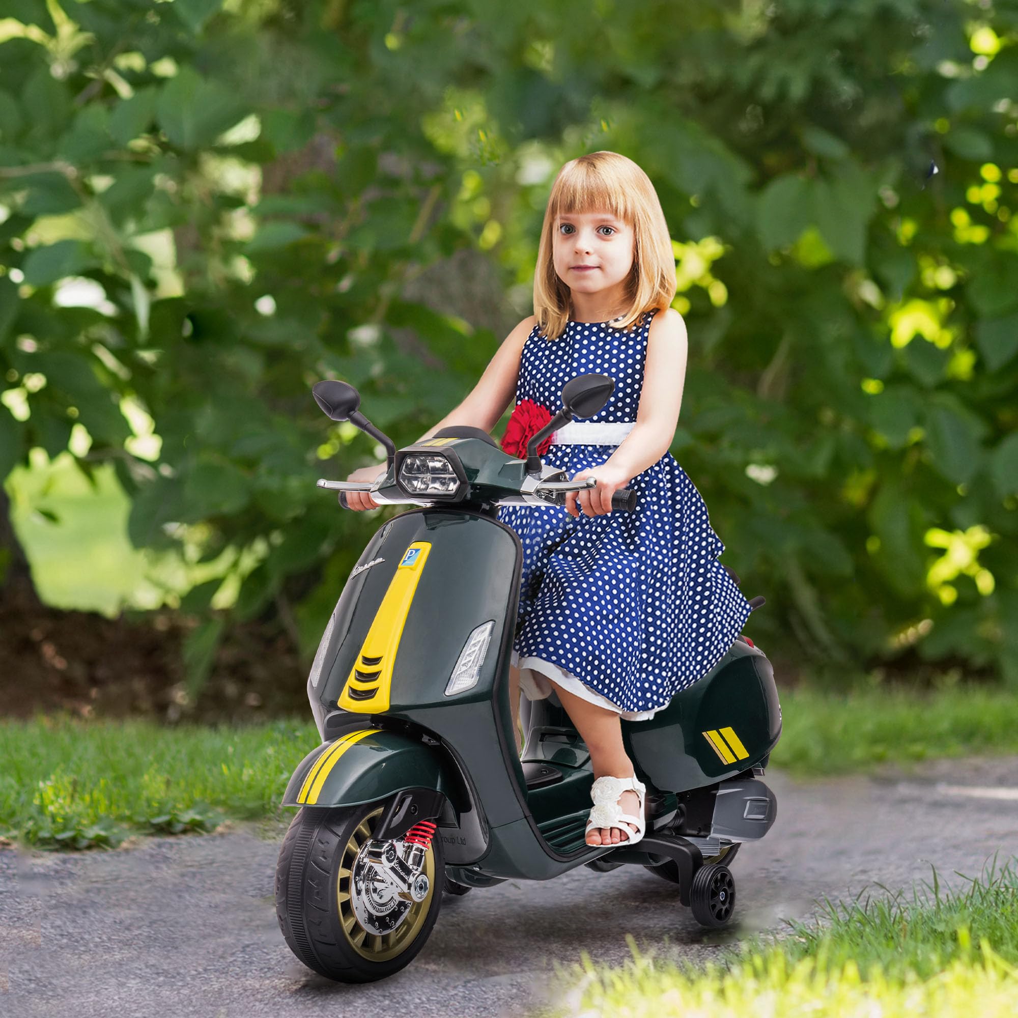 AIYAPLAY Scooter elettrico Vespa 6 V moto elettrica per bambini 3-6 anni dim. 107L x 47W x 73H cm Musica MP3 Porta USB Radio FM Faro 2 ruote di allenamento - Verde | Moto Elettrica Per Bambini 3-6 Anni, Musica MP3, Porta USB, Radio FM, Faro, 107L x 47L x