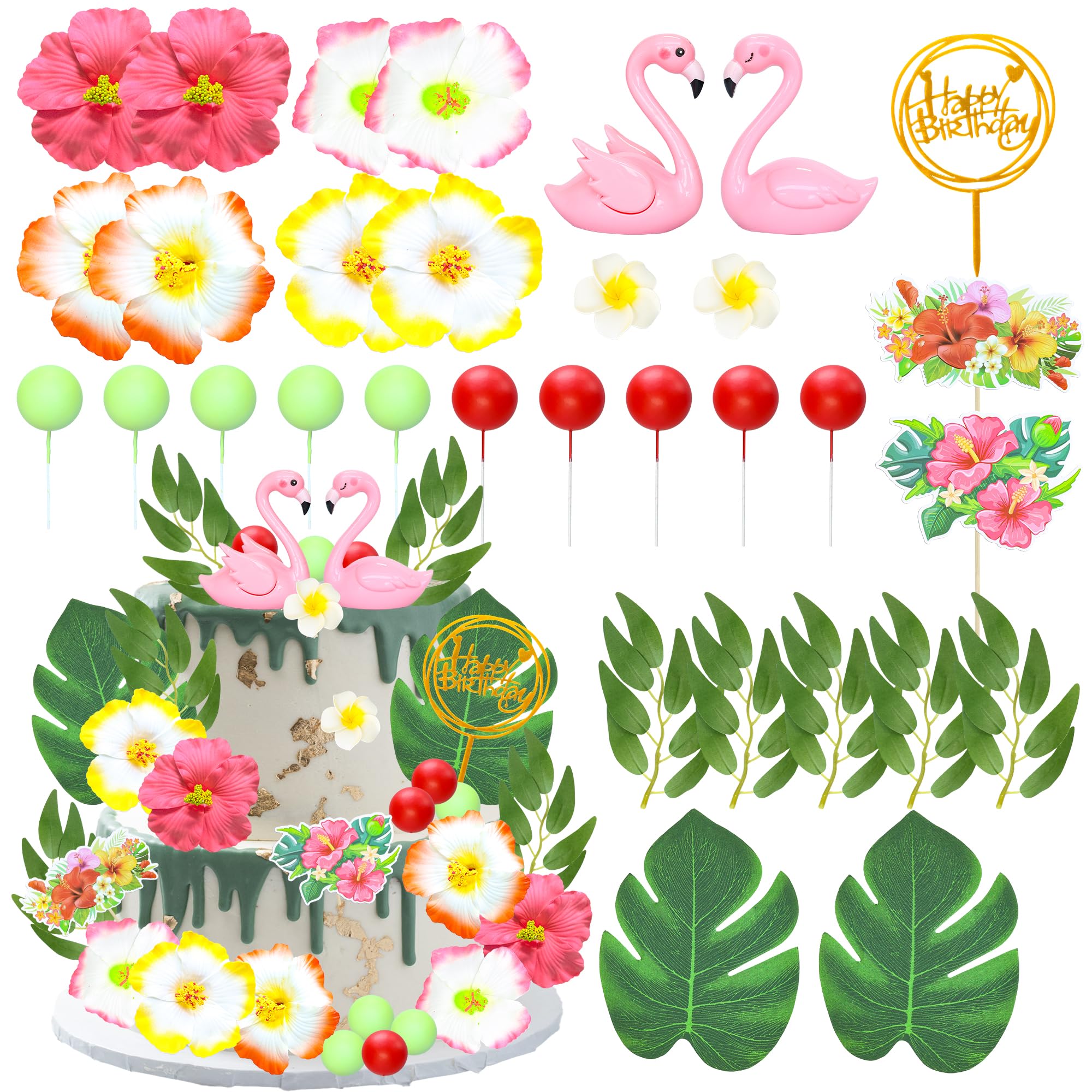 Gyufise 42 Pack Flamingo Cake Toppers Summer Cake Decoration Cute Pink Flamingo Figures Hibiscus Flower Palm Leaves for Hawaiian Aloha Themed Party Supplies Pink