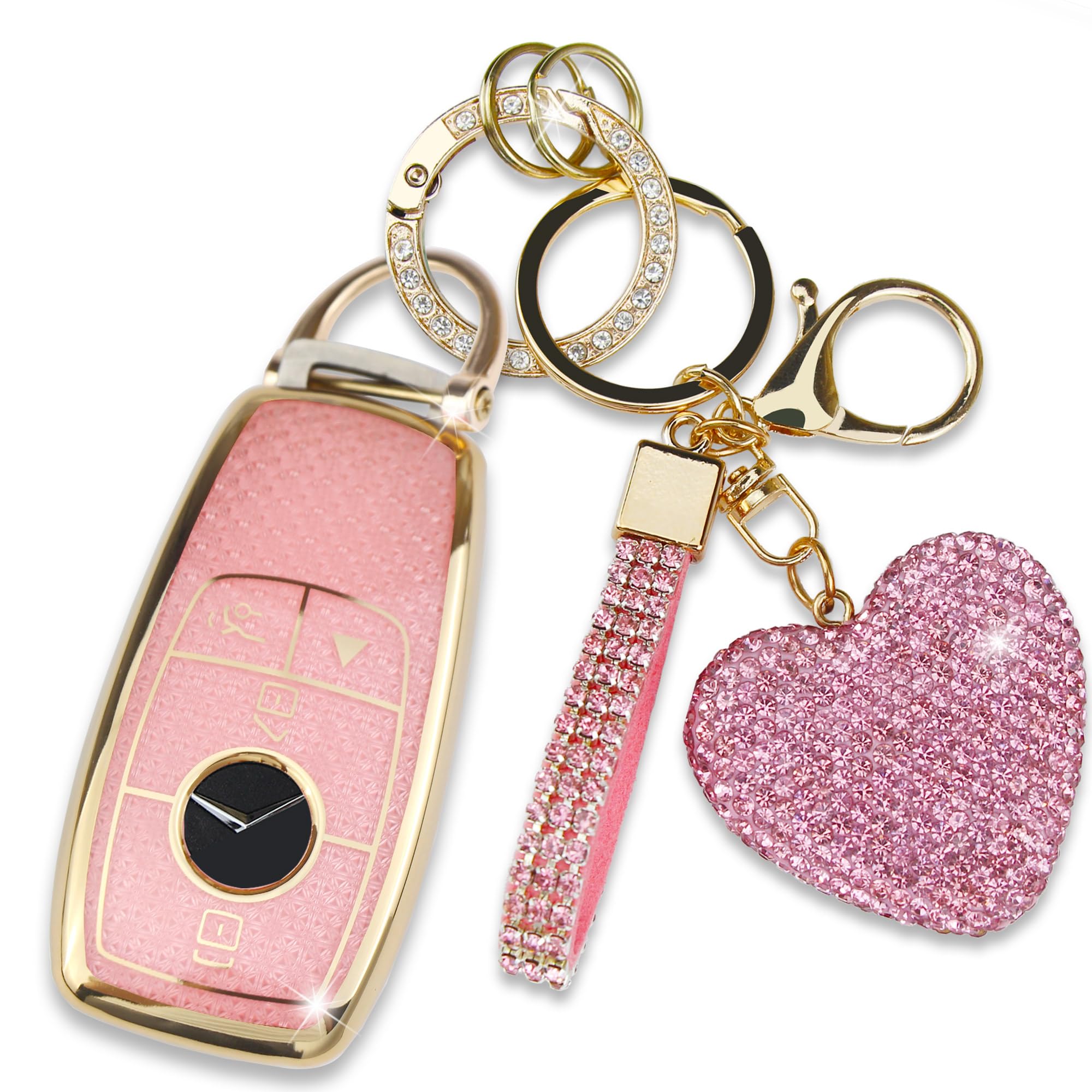 Simocky Key Fob Cover with Diamond Keychain for Mercedes Benz Car Key Shell Compatible with Benz 2017-2021 E-Class 2018-2021 S-Class 2019-2021 A-Class