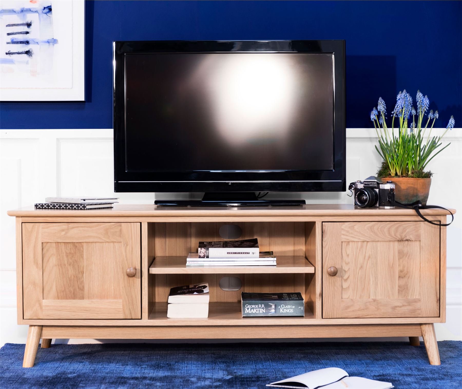 Edvard Olsen TV cabinet. Solid Golden Oak TV unit with adjustable shelf, 2 cable access holes and 2 cupboards. Quality Assembled cabinet