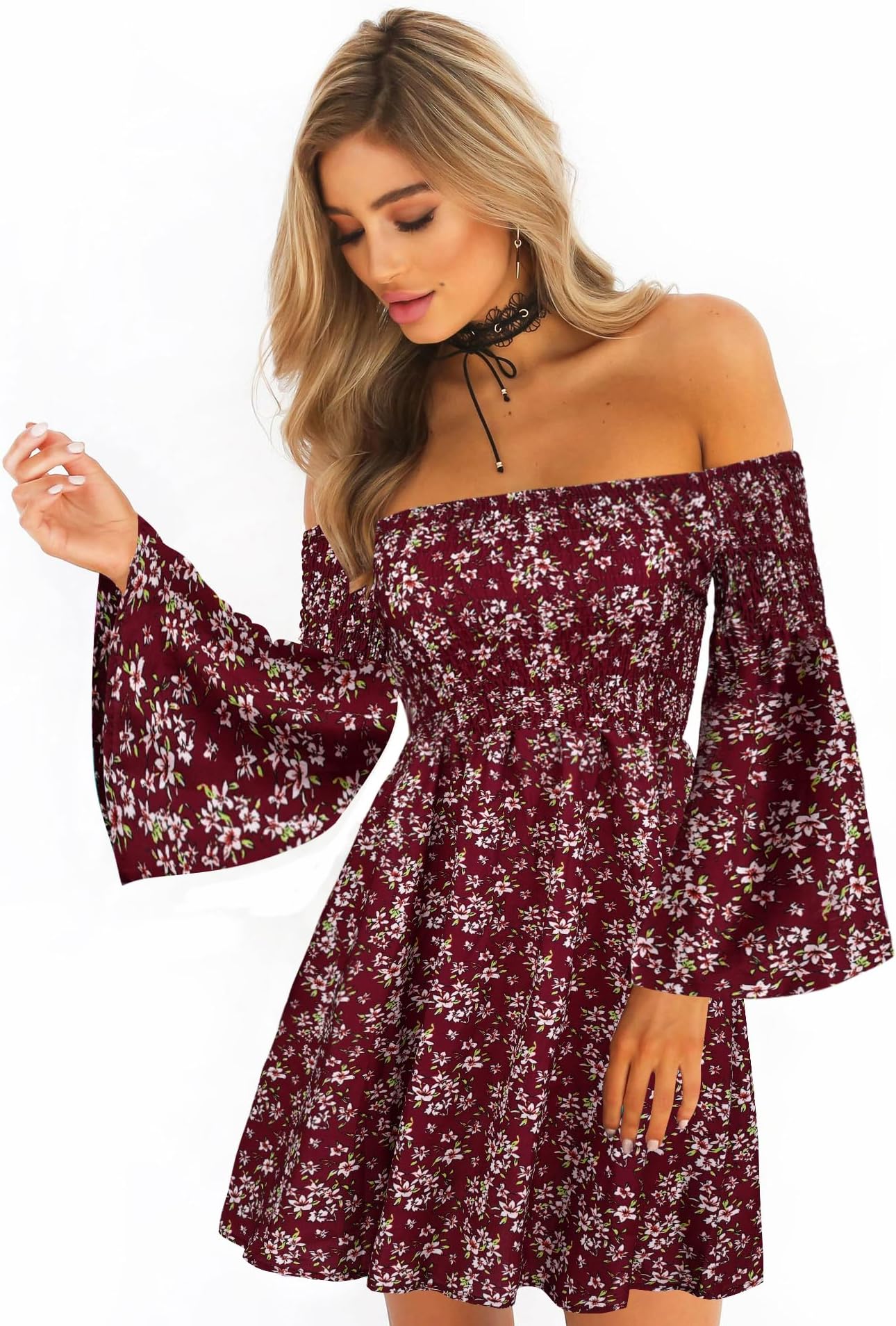 Women's Dress Summer Floral Long Sleeve Off Shoulder Casual Mini Dresses