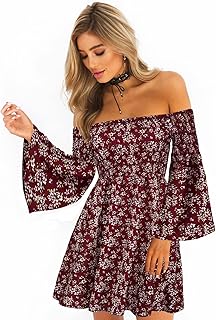 Women's Dress Summer Floral Long Sleeve Off Shoulder Casual Mini Dresses - Buy now