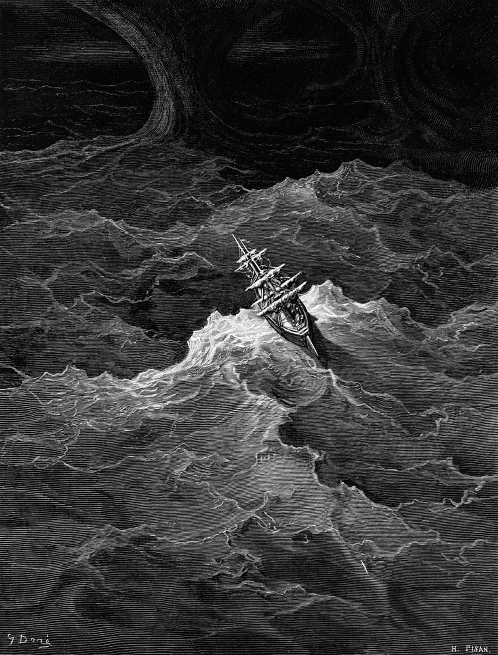 ARTXLXXBN Famous Painting Art Wall Decor Abstract Art Picture Ship in Stormy Sea Scene by Gustave Dore Animal Pictures for Home Decor 60x90cm