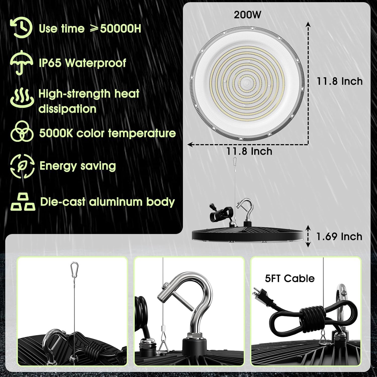 High Bay LED Shop Lights for Garage Workshop,200W 20000LM Super Bright High Bay lights with US Plug - IP65 Waterproof 5000K AC110V-130V Commercial Bay Lighting for Factory Warehouse Barn-2 Pack