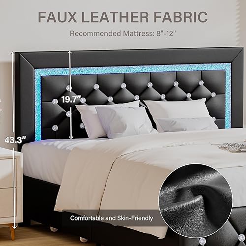 Miniatura 4 de Base de cama de tamaño queen con luces LED, base de cama tapizado con cajones de almacenamiento, cama de plataforma moderna con cabecera y estribo