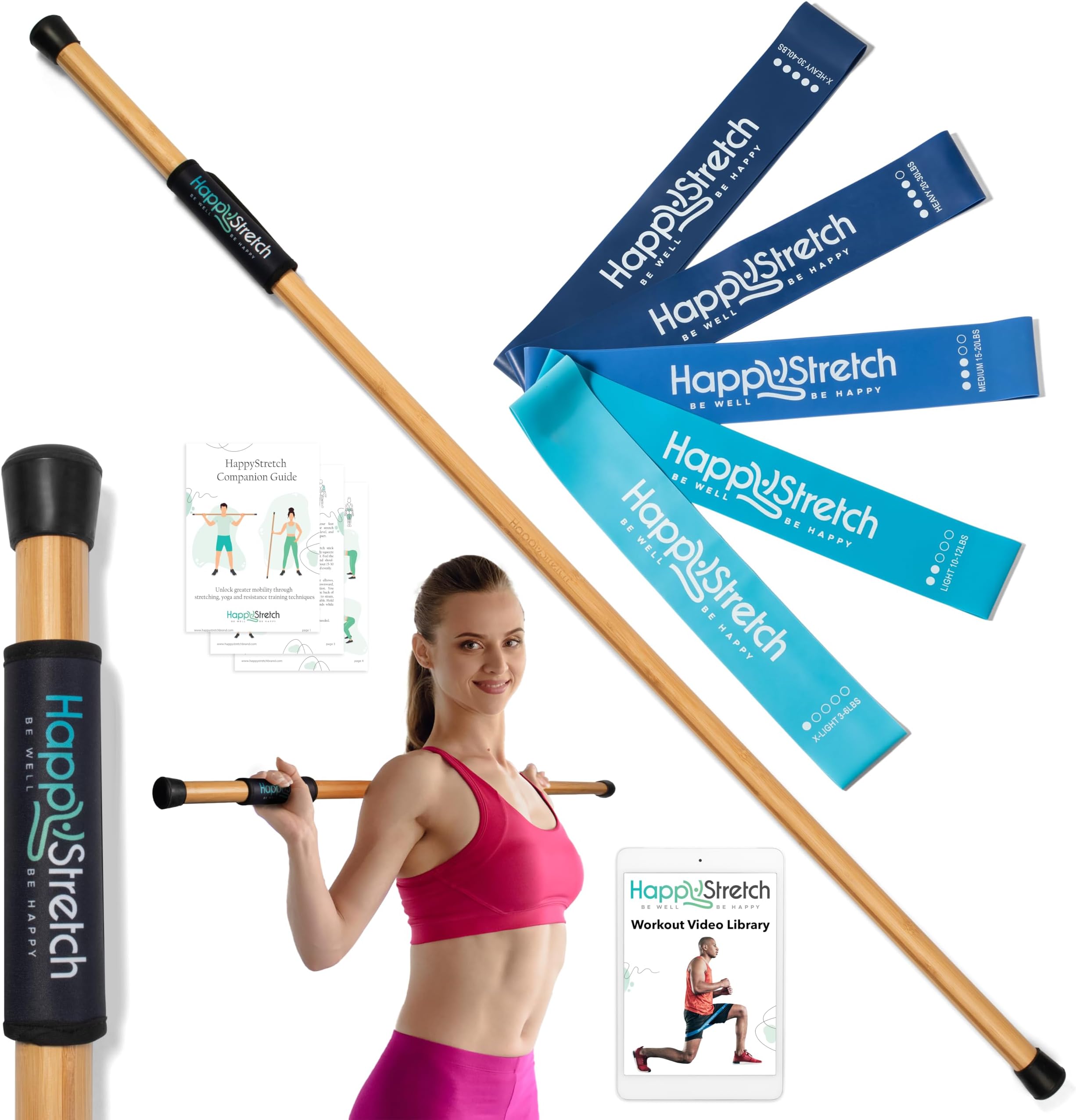 Mobility Stick Stretching, Flexibility and Strength I Bamboo Yoga Stretching Stick 5ft | Resistance Loop Exercise Bands Set of 5 | Workout Guide I Video Library | HappyStretch