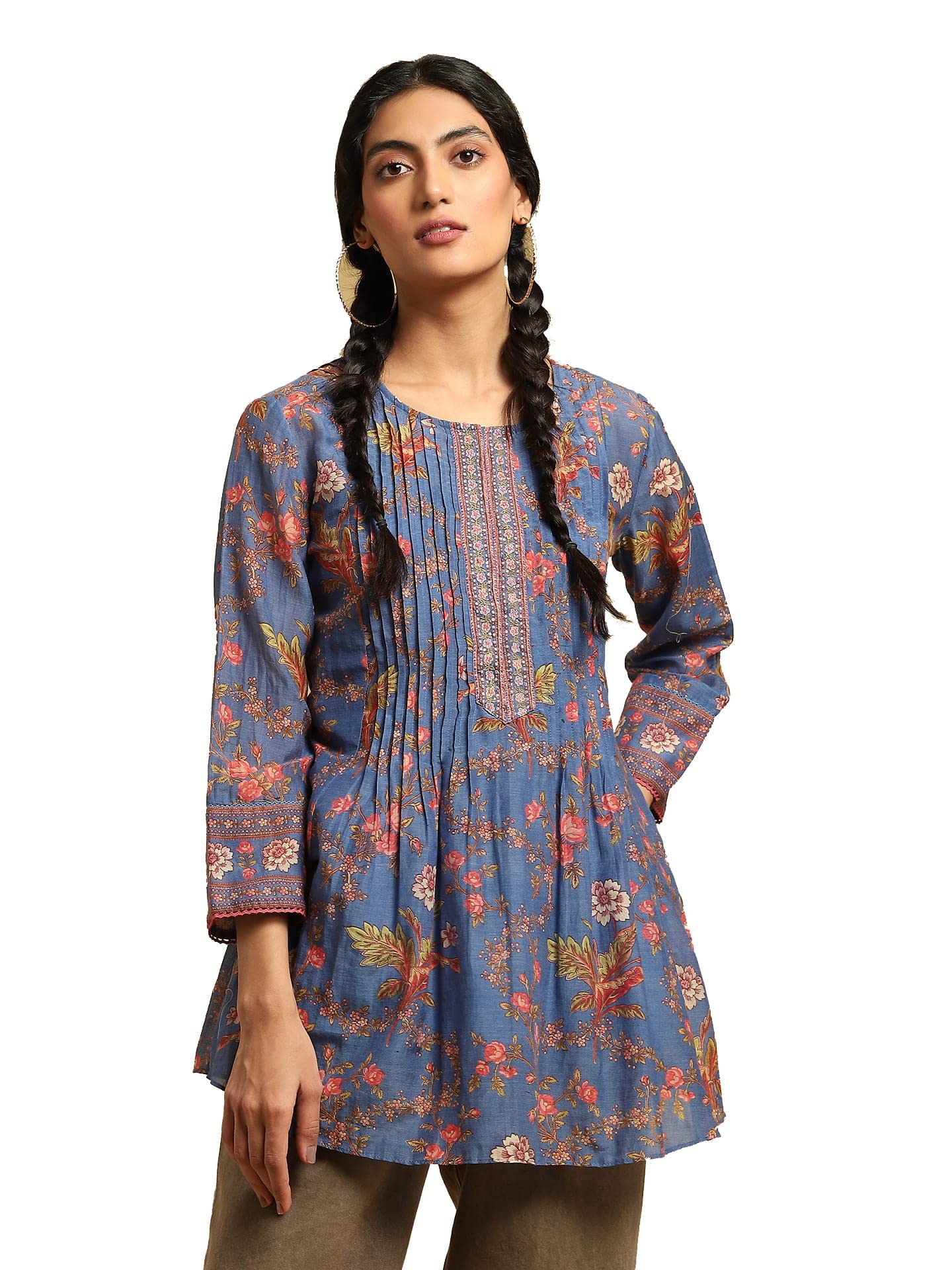 Blue Botanic Print Pintuck Kurti