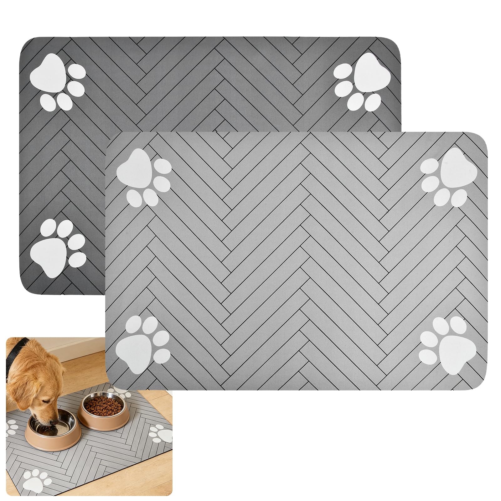 2 Pcs Napfunterlage Hund, Saugfähige Schnelltrocknend Futtermatten für Haustier, rutschfeste Fressnapf Unterlage, 60x40cm Haustierfuttermatte für Hunde Katze, silikonmatte Hundenapf, Futterunterlage