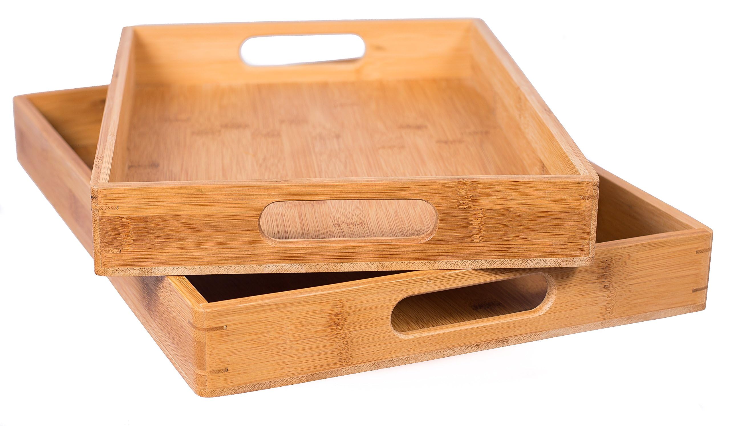 BirdRock Home 2pc Bamboo Serving Trays Set with Handles | Wood | Food | Breakfast Tray | Party Platter | Nesting | Kitchen and Dining