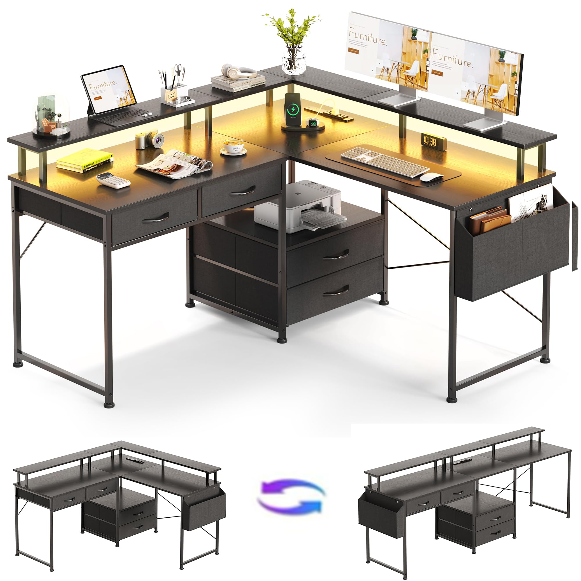 Flrrtenv 130x120cm L Shaped Desk with Power Outlet & LED Lights, 4 Drawers Reversible Gaming Corner Computer Desks for Workstation, Home Office Desks with Monitor Shelf & Storage Shelves,Black