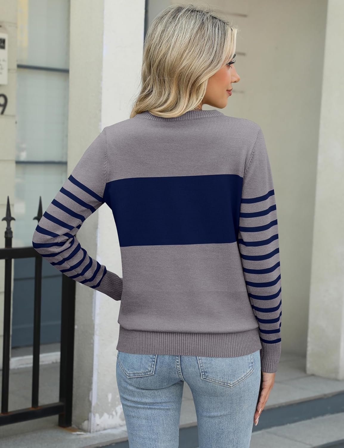 LOMON Womens Sweaters Long Sleeve Crew Neck Striped Color Block Sweaters Fall Fashion Knit Pullover Tops - Image 6