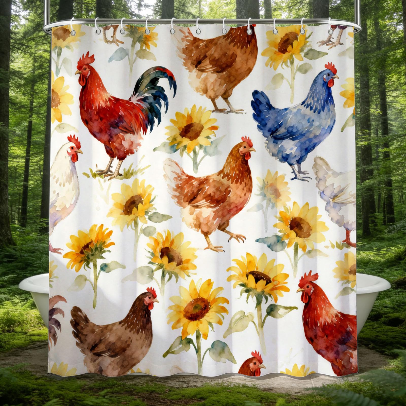 Hongduo 3D Farm Chicken Shower Curtain for Stalls Bathtubs Sunflower Bathroom Decor Shower Curtain Set Polyester Fabric Waterproof 180x200cm/71X79 Inch with Hooks