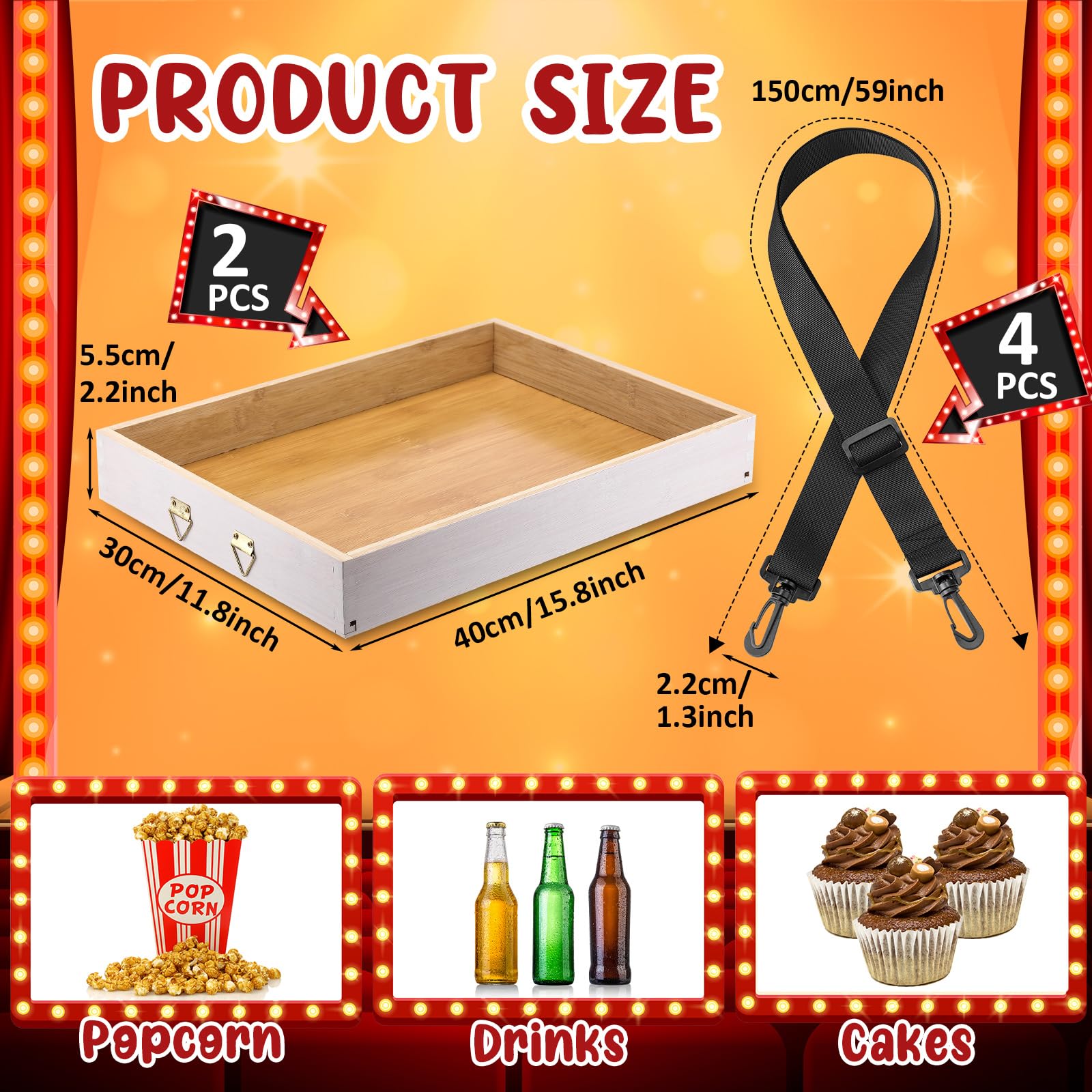 Marsui 2 vassoi in legno per snack con cinghia, 38 x 28 x 5 cm, vassoi per snack e bevande, per feste a tema anni '20, accessori per carnevale, oggetti di scena per adulti (bianco)