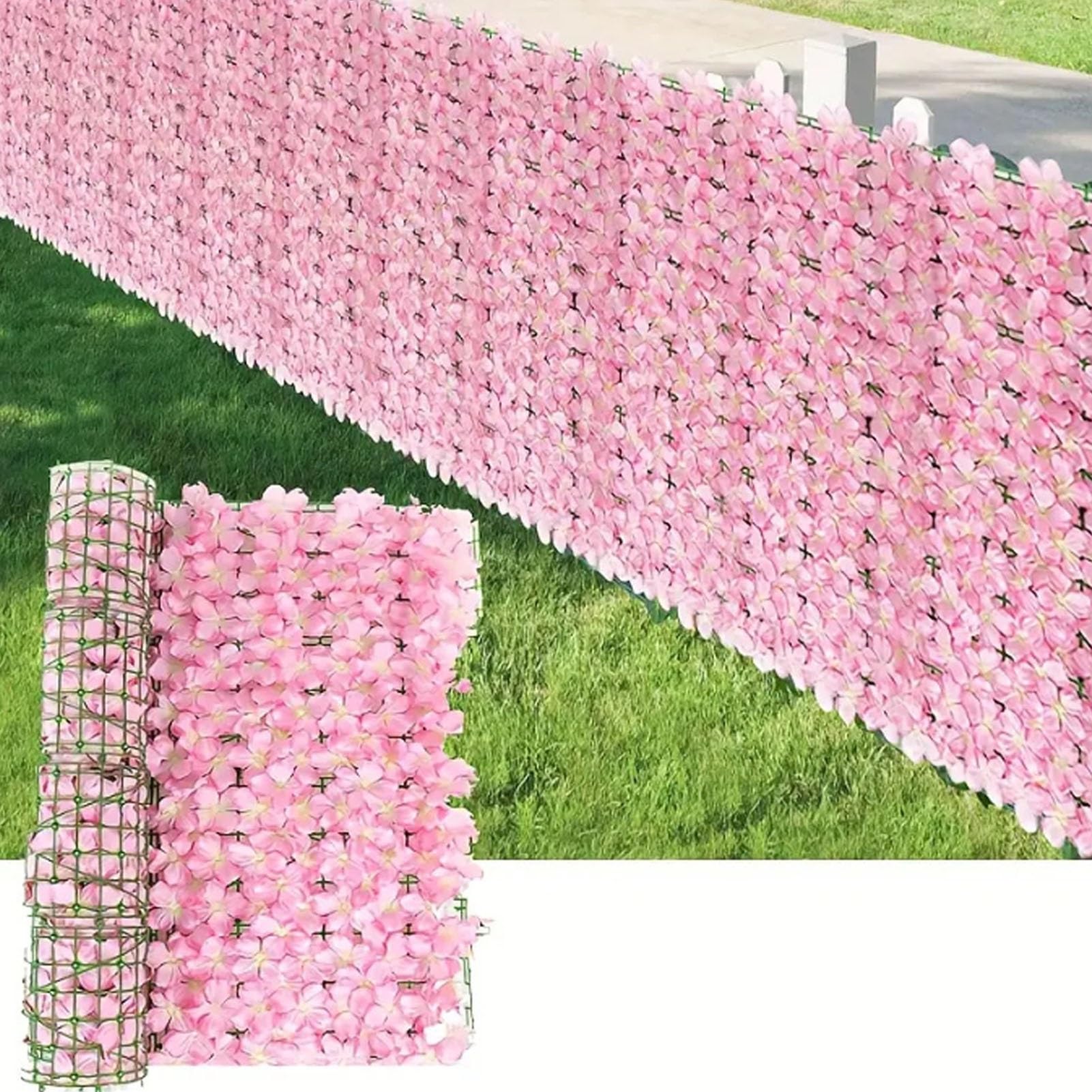 Sztuczne kwiatowe ogrodzenie prywatności, 50 x 300 cm, sztuczny bluszcz, ochrona przed wzrokiem, kwiat, trawa, tło ścienne, do ogrodu, na zewnątrz, patio, balkon, ślub, podwórko, różowy